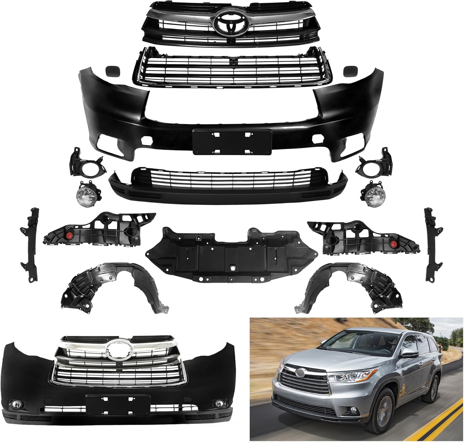 Front Bumper Cover Kit Compatible with 2014-2016 Toyota Highlander | Replace OE/Part NO.521190E925/TO1014102, 521290E010/TO1015110,531010E170/TO1200371 Primed & Chrome with Grille & Fog Lights