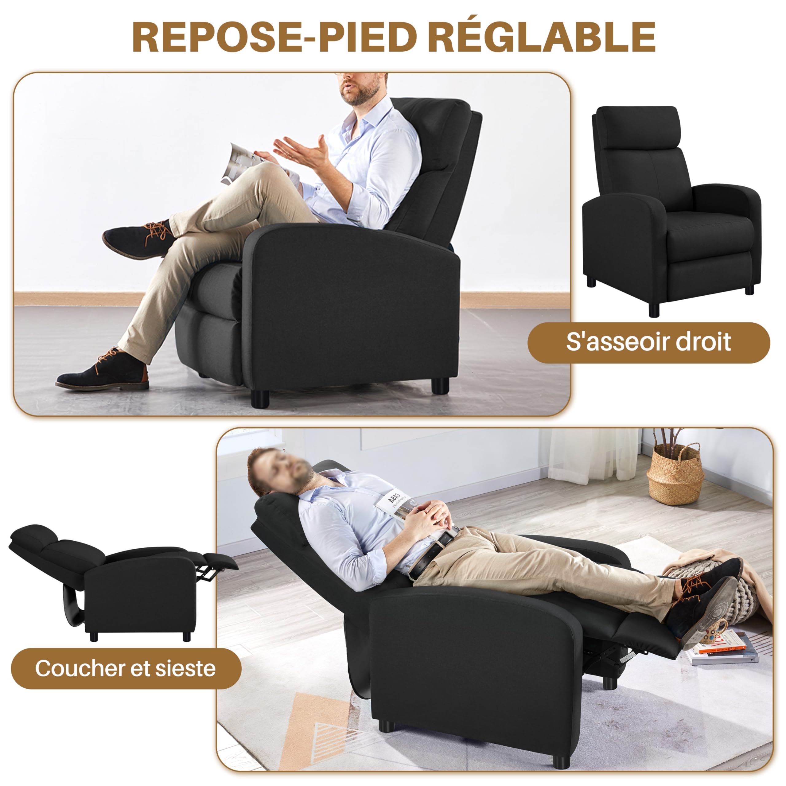 Yaheetech Fauteuil de Relaxation Chaise de Détente Siège de Canapé Fauteuil Relax/Chambre à Coucher/Home Cinéma Noir/Tissu