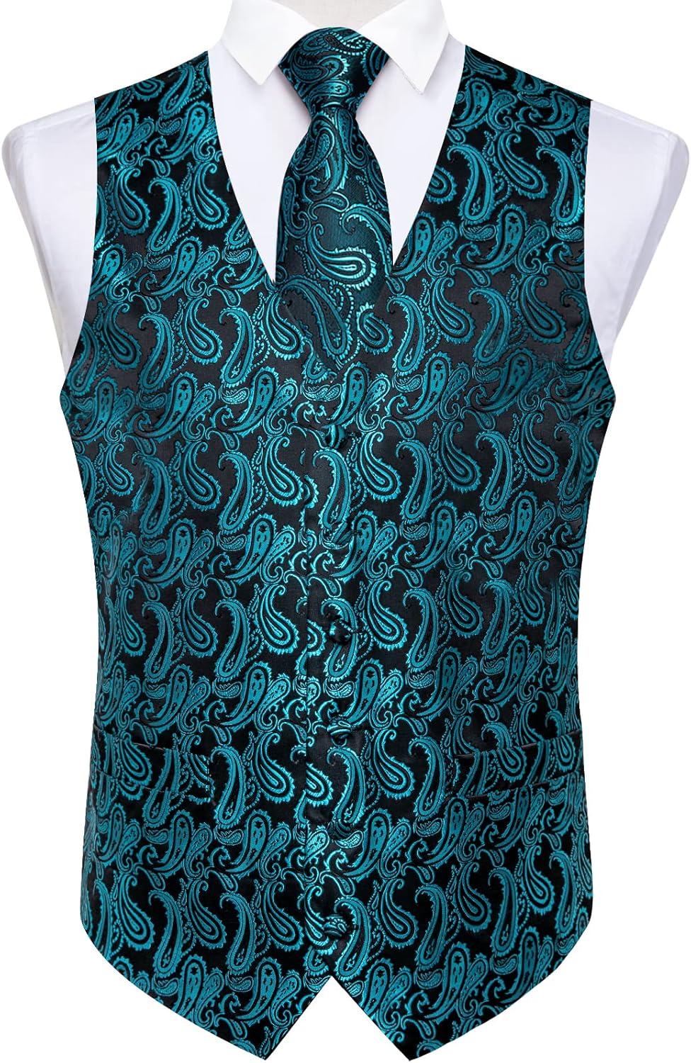 DiBanGu Men's Silk Paisley Vest and Necktie Set 6PCS Pre-tied Bow Tie Formal Waistcoat for Wedding Party - Image 5