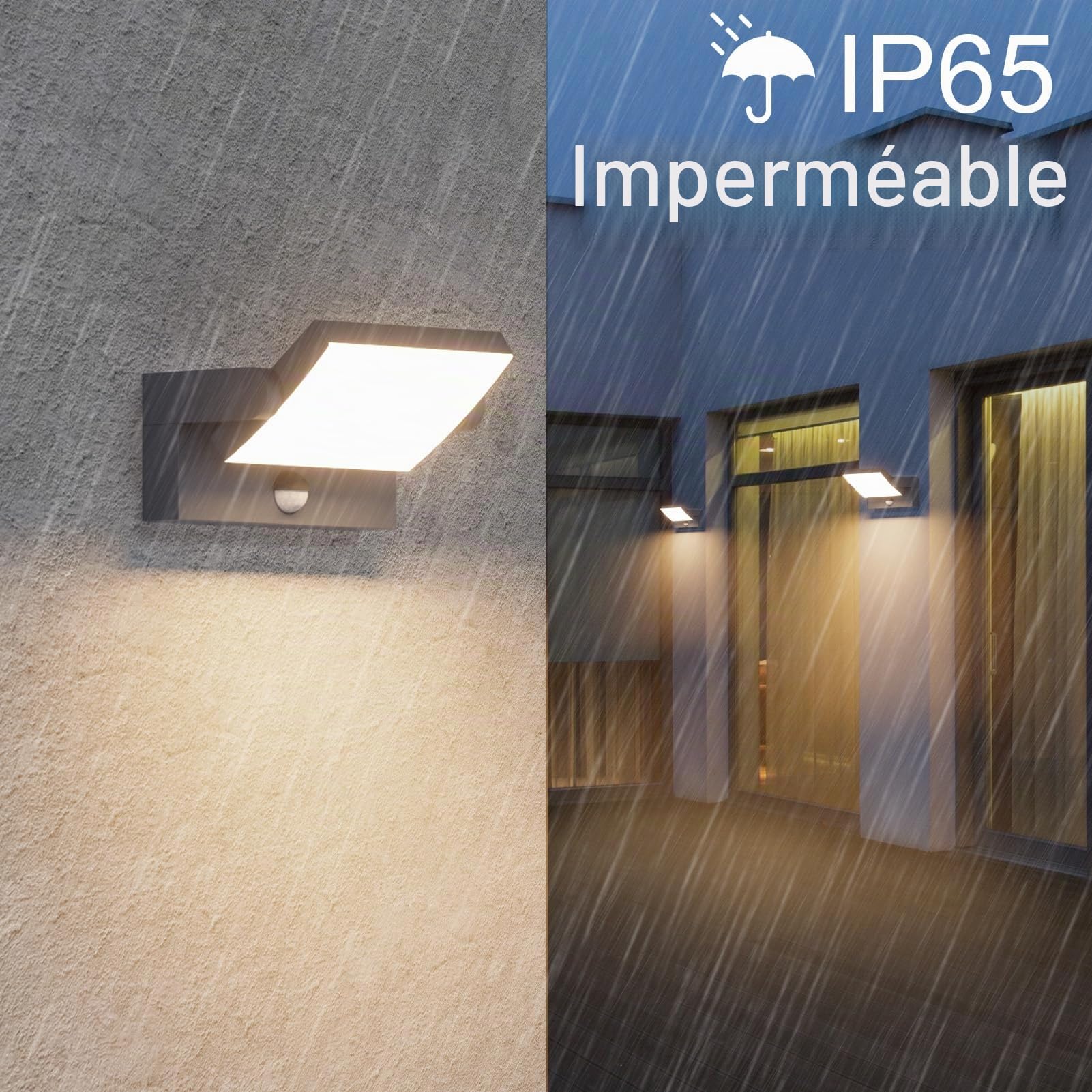 Klighten 2 Pcs 24W Applique Exterieur/Intérieur LED avec Détecteur de Mouvement, IP65 Lampe Murale avec LED Panneau Rotatif, Éclairage Murale pour Entrée Jardin, Anthracite, Blanc Chaud 3000K