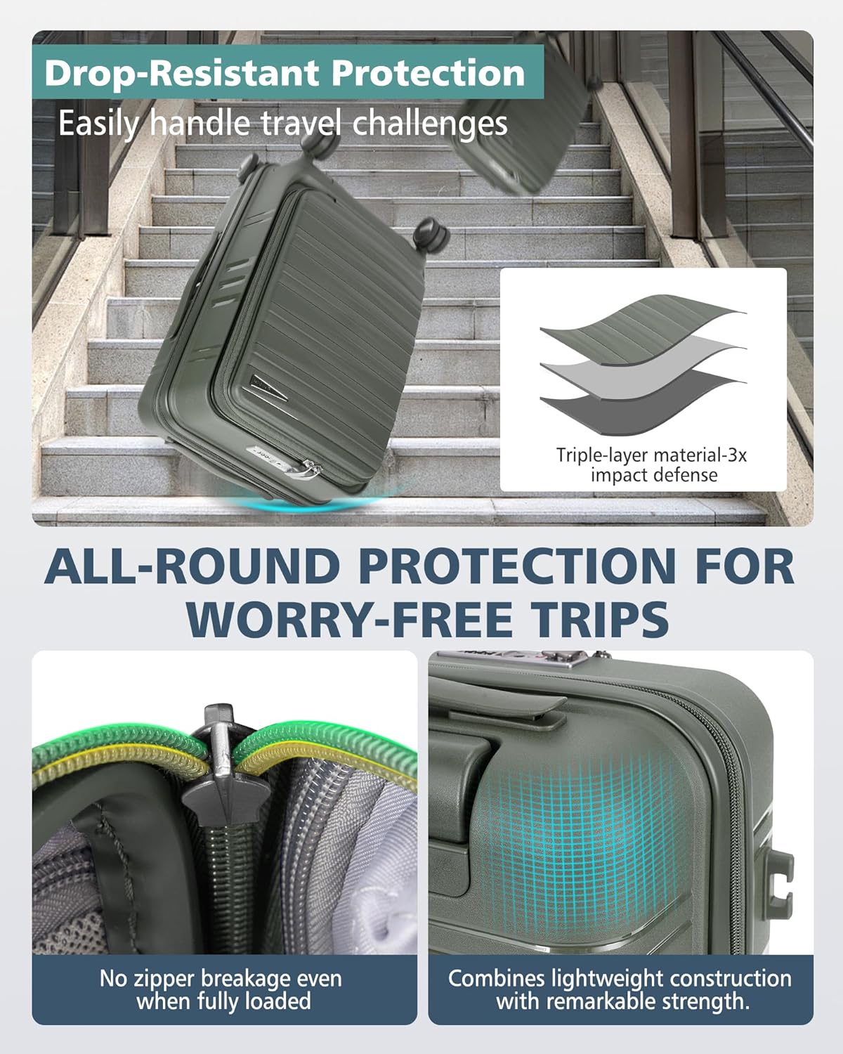 RAINSMORE Expandable Carry on Luggage 20 Inch, Airline Approved Carry on Suitcase with Front Pocket&Laptop Compartment, Hardshell Rolling Travel Luggage with Spinner Wheels,Sage Green - Image 7