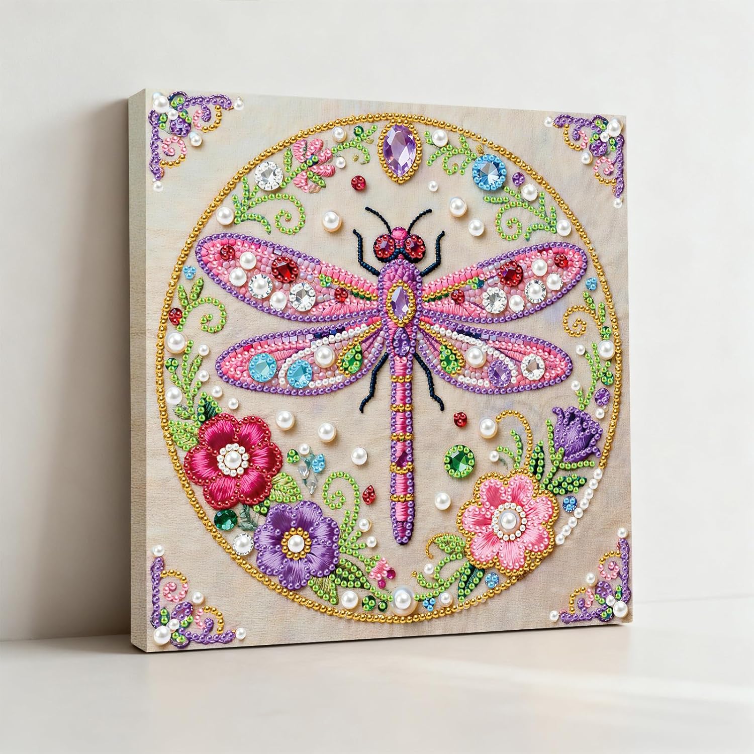 FRANDEK Flower Dragonfly DIY Pearl Art Kit, 5D Resin Diamond Art Painting Craft with Frame 25x25cm, Perfect Elegant Handmade Gift for Adult, Christmas Home Decor Present for Beginners