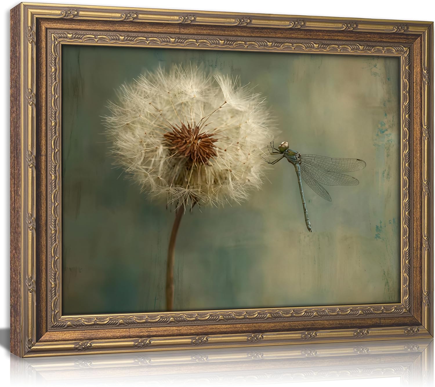Vintage Gold Framed Dragonfly Wall Art Rustic Wildflower Dandelion Insect Painting Canvas Prints Retro Moody Botanical Picture Poster Country Farmhouse Artwork for Living Room Bedroom Bathroom