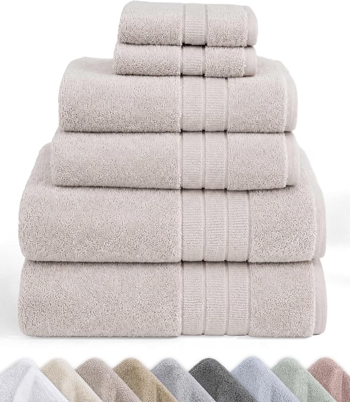 Juego de toallas de baño de lujo de algodón orgánico Den de California Design, beige claro | Suave juego de 6 piezas de algodón turco 100% orgánico con certificación GOTS: 2 toallas de baño, 2 toallas de mano y 2 paños, de secado rápido y absorbentes.