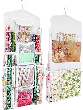 SumDirect Double-Sided Gift Wrap Organizer - White Hanging Wrapping Paper Gift Bag Storage Holder Pockets