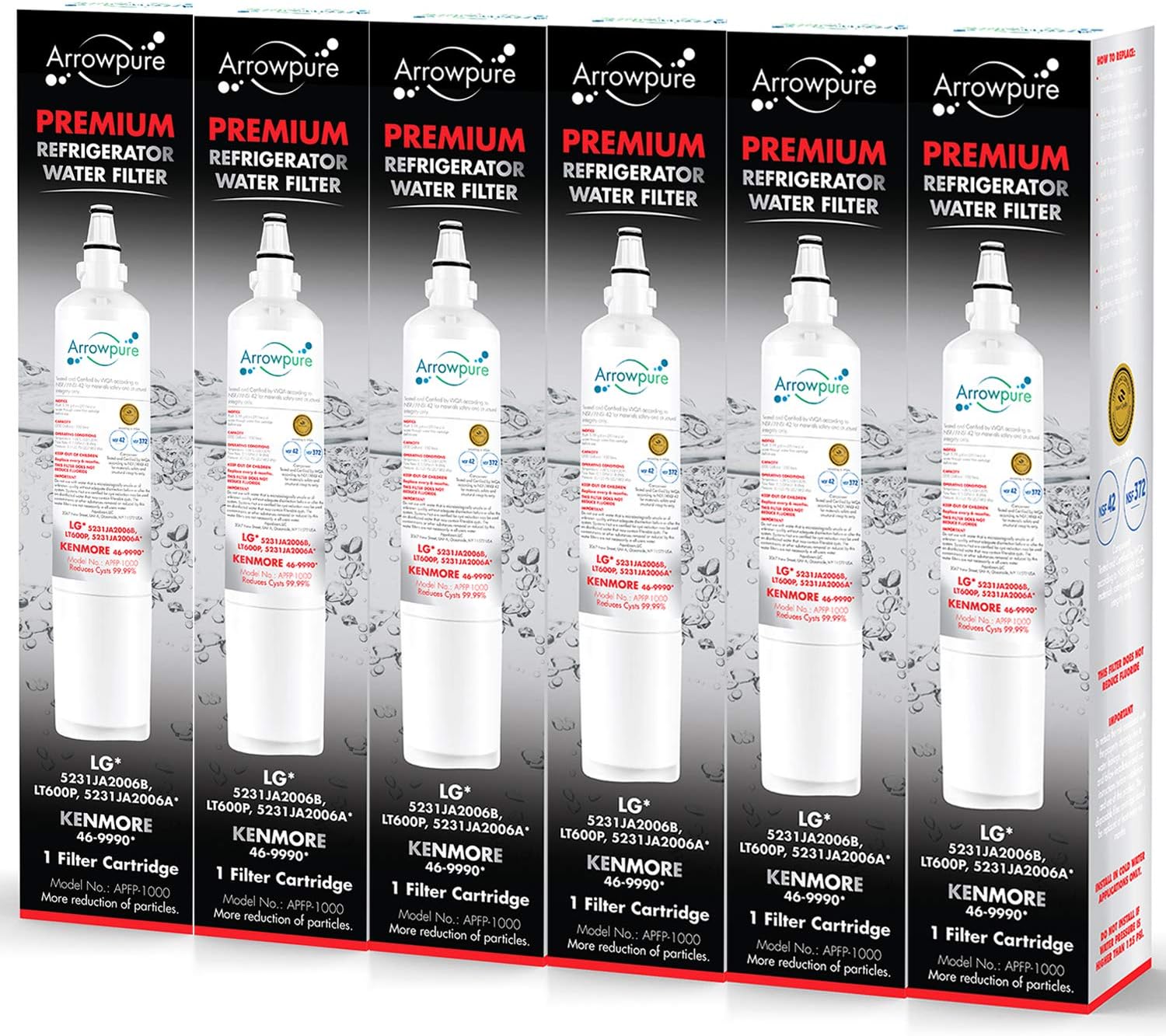 Arrowpure Premium LT600P Refrigerator Water Filter Cartridge | Certified According to NSF 42&372 | Compatible with LG 5231JA2006B, 5231JA2006A, 5231JA2006A-S, 46-9990, LMX25981ST, LFX25960ST, 6 Pack
