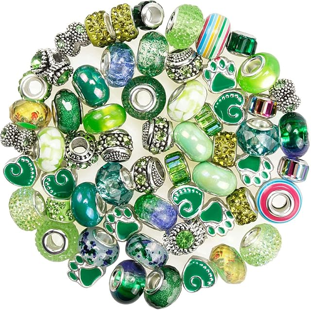 60 Pcs européennes Assorted Large Hole Spacer Perles, Assortiments en résine métallique Perles de charme Perles en Strass, Fournitures pour DIY Collier Bracelets Bijoux de fabrication (vert)
