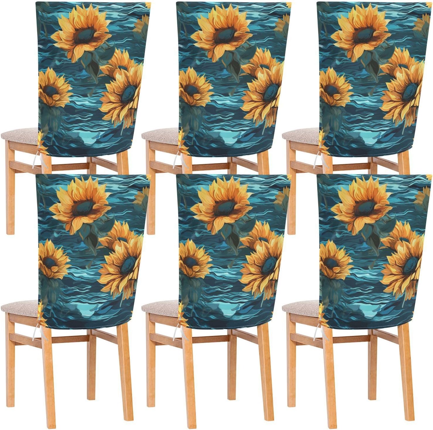 ALAZA Sunflower Flowers Ocean Waves Chair Back Cover Set of 6, Washable Reusable Removable Chair Slipcovers Decorative Chair Cover for Home Kitchen Wedding Party