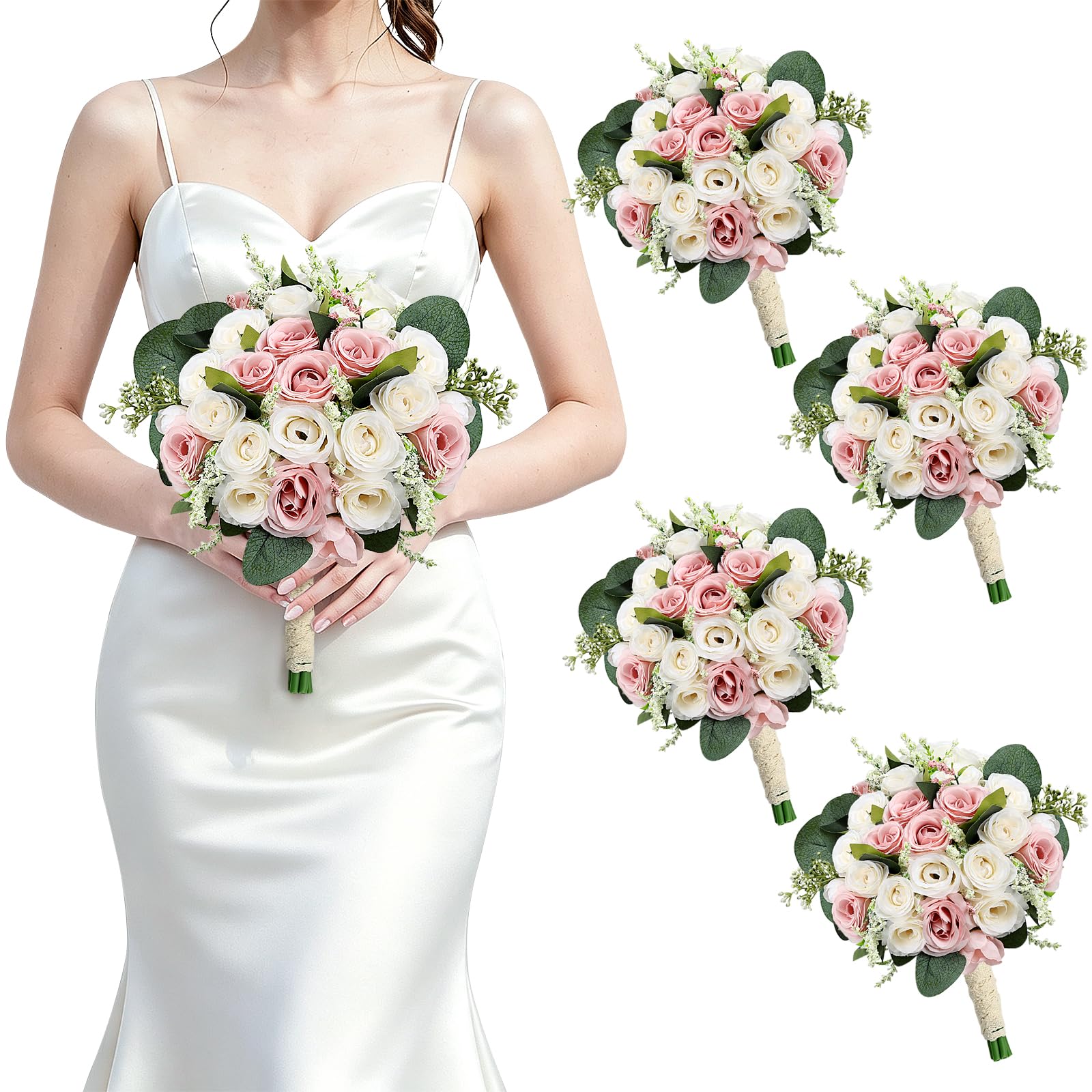 DIYDOFUN Dusty Pink Bridesmaids Bouquets set of four with eucalyptus