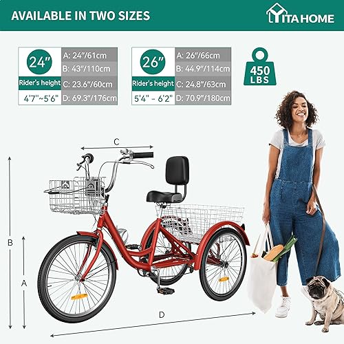 Miniatura 9 de YITAHOME Triciclo para adultos de 7 velocidades, bicicletas de 3 ruedas de 24 y 26 pulgadas, bicicleta de triciclo para adultos con cestas