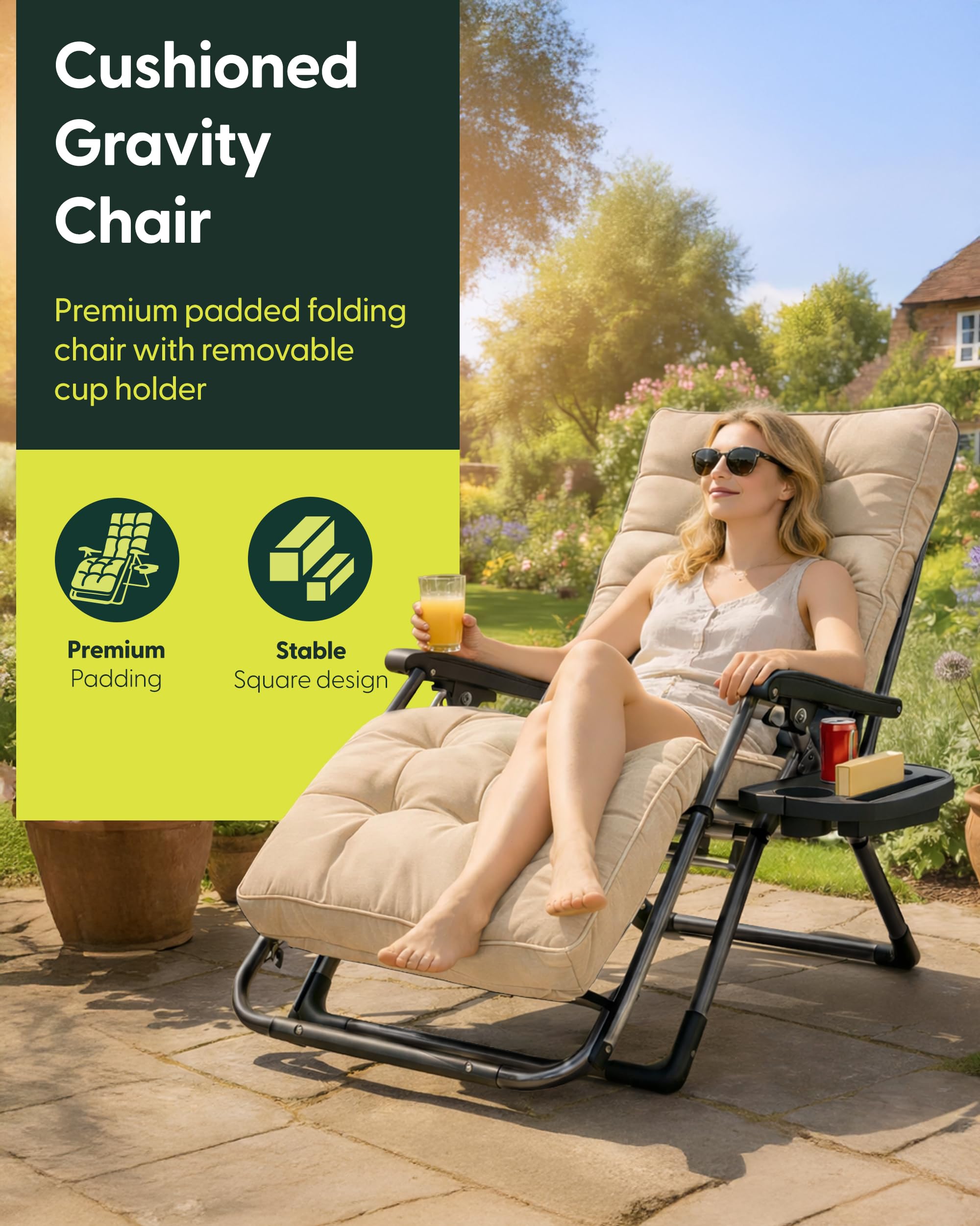 KEPLIN Square Tube Gravity Chair with Cushion 1 Pack – Extra Wide 72cm Zero Gravity Reclining Garden Chair, Reinforced Frame Supports 150kg, Locking System, Cup Holder, Foldable Sun Lounger — view 3