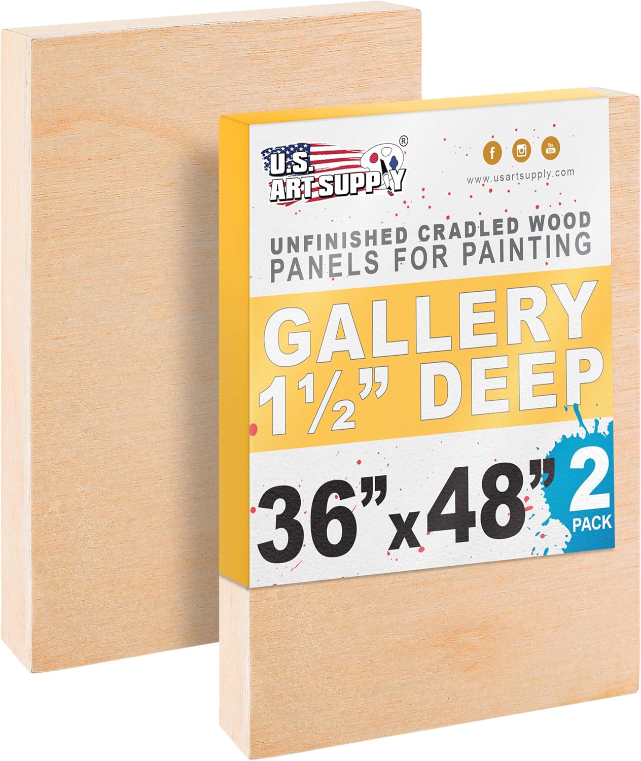 U.S. Art Supply 36" x 48" Unfinished Cradled Wood Panels for Painting, Gallery 1-1/2" Deep (2 Pack) - Artist Depth Wooden Wall Canvases - Mixed-Media Craft, Acrylic, Oil, Encaustic, Paint Pouring