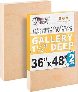 U.S. Art Supply 36" x 48" Unfinished Cradled Wood Panels for Painting, Gallery 1-1/2" Deep (2 Pack) - Artist Depth Wooden Wall Canvases - Mixed-Media Craft, Acrylic, Oil, Encaustic, Paint Pouring
