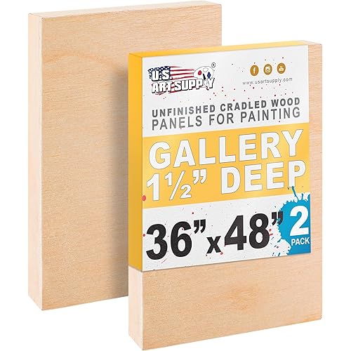 U.S. Art Supply 36" x 48" Unfinished Cradled Wood Panels for Painting, Gallery 1-1/2" Deep (2 Pack) - Artist Depth Wooden Wall Canvases - Mixed-Media Craft, Acrylic, Oil, Encaustic, Paint Pouring