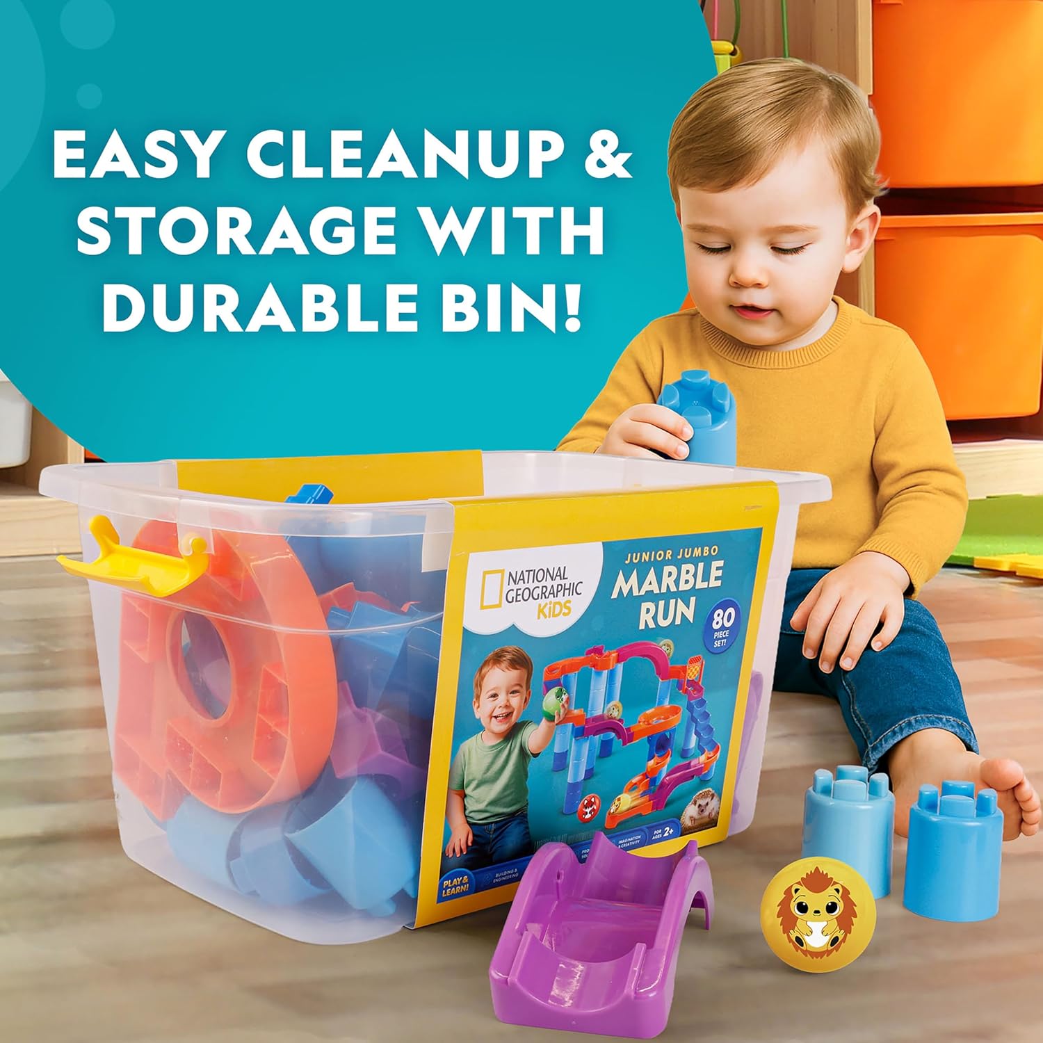 National Geographic Kids Junior Jumbo Marble Run – 80-Piece Ball Drop Toy with Storage Bin, Kid-Safe Balls & Buildable Marble Run Maze for Toddlers & Preschoolers Ages 2+