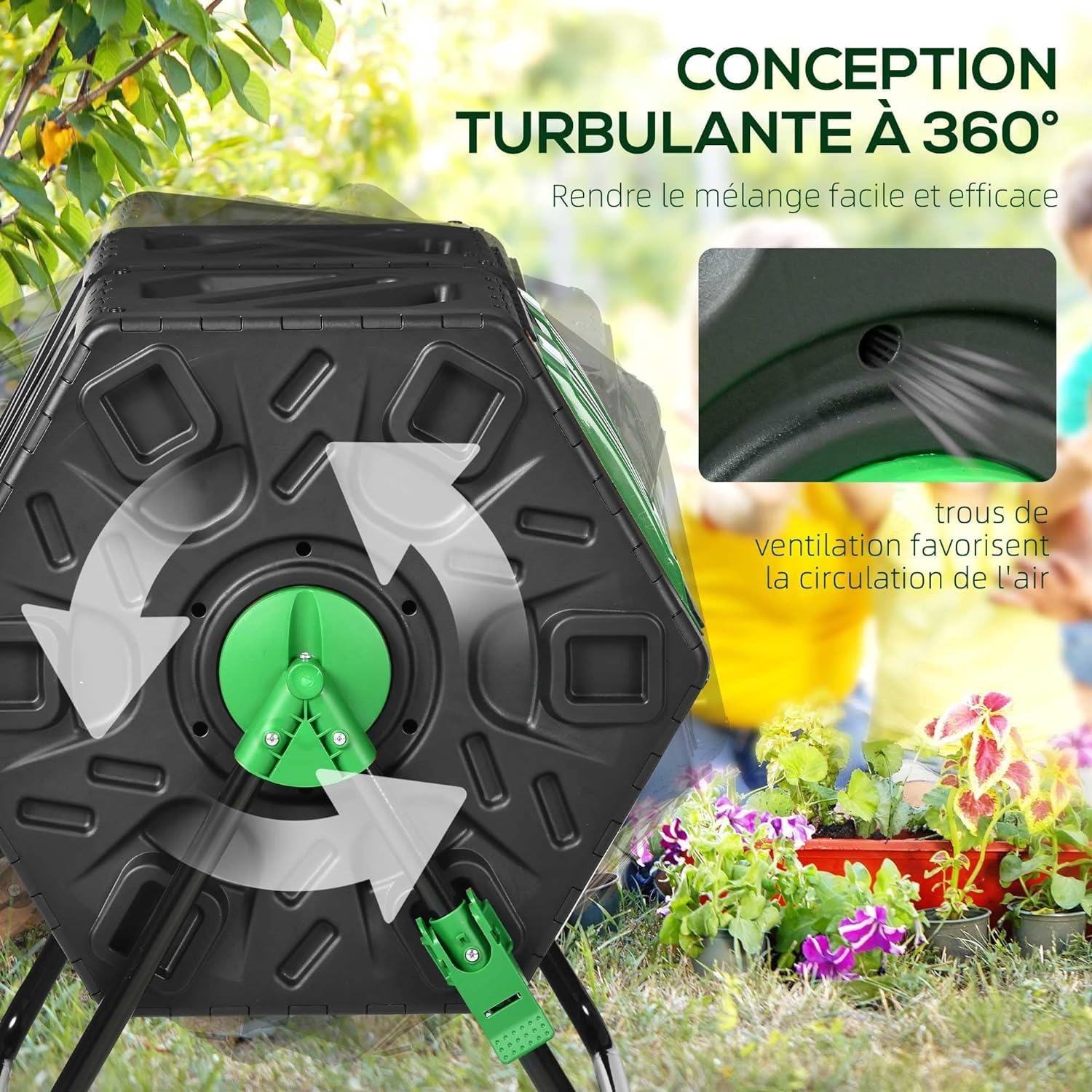 Composteur Domestique de Jardin, Bac à Compost Rotatif 360 de 70L - décomposition Rapide des matières organiques pour Engrais