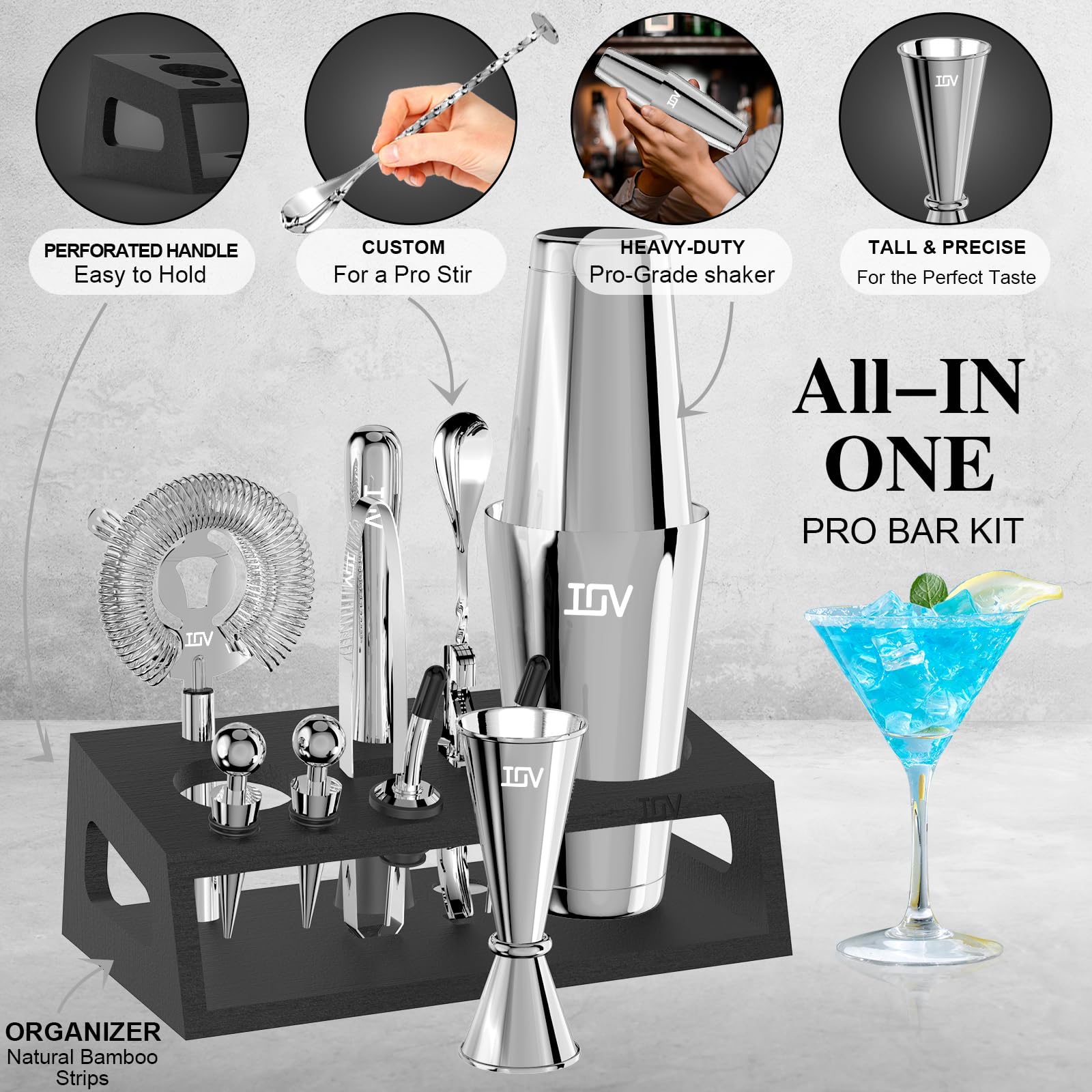 IOV Juego de coctelera: 12 piezas de mezclología para barman | 16 onzas y 28 onzas Boston Shaker herramientas de mezcla de bebidas para el hogar con folleto de recetas y soporte, divertido regalo de