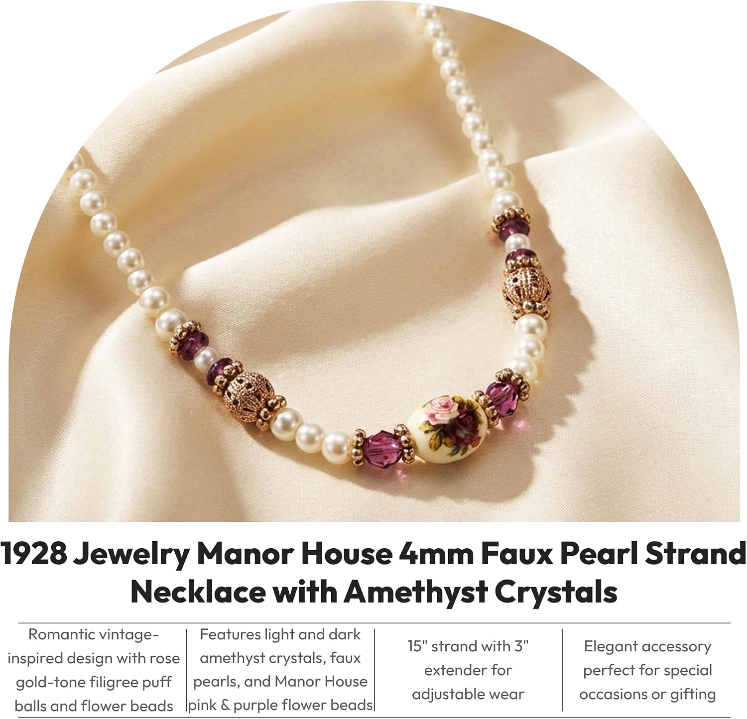 1928 Jewelry Manor House 4mm Faux Pearl Strand Amethyst Crystal Filigree Puff Ball Necklace 15" + 3" Extender, Romantic Roses Vintage Victorian Inspired Aesthetic, Rose Gold Tone, Made In USA