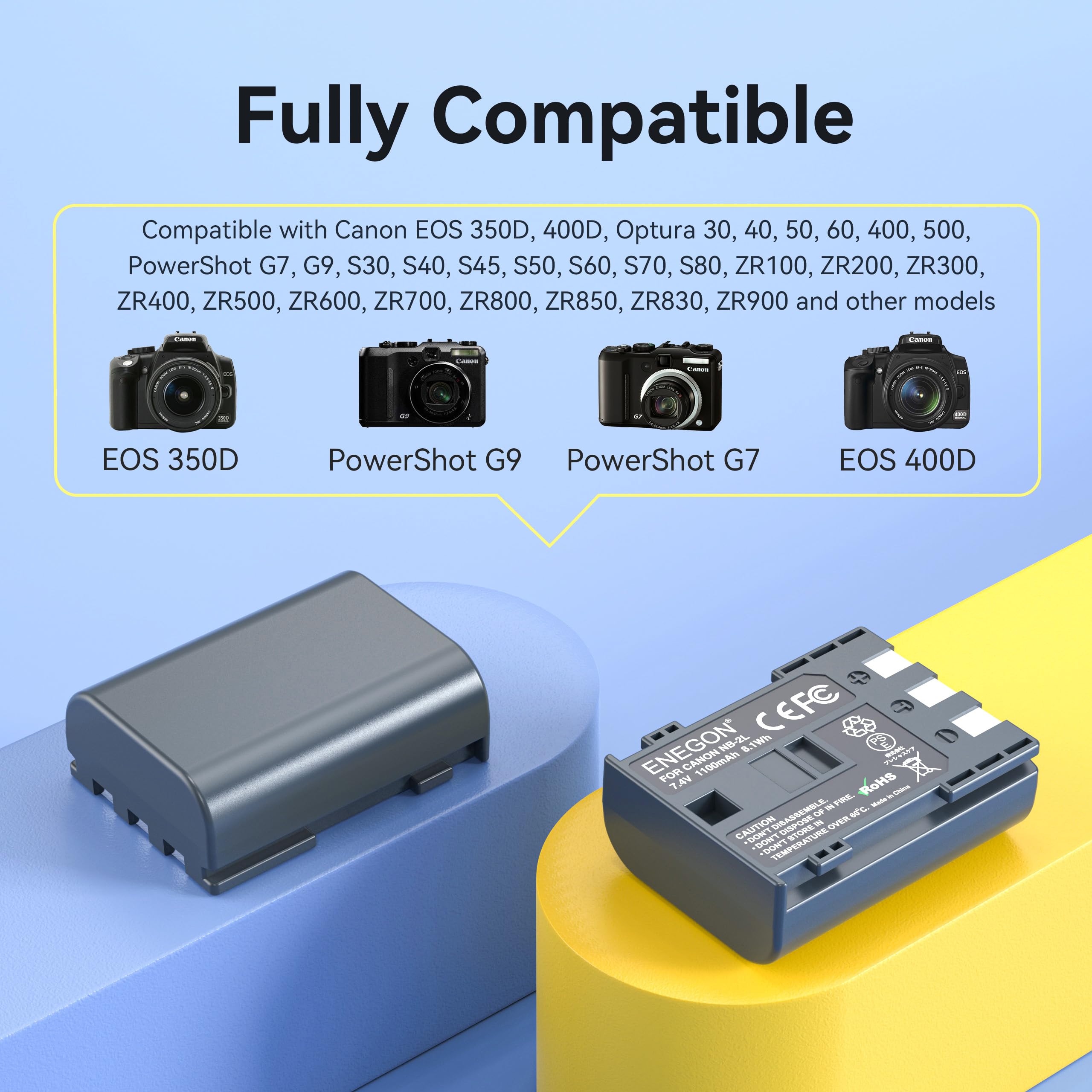 ENEGON Batería NB-2L NB-2LH, 2x1100mAh Baterías de Repuesto de con Cargador y Cable USB-C, para Canon EOS 350D, 400D, PowerShot G7, G9, S30, S40, S60, S45, S50, S55, S70, S80, ZR950, ZR960