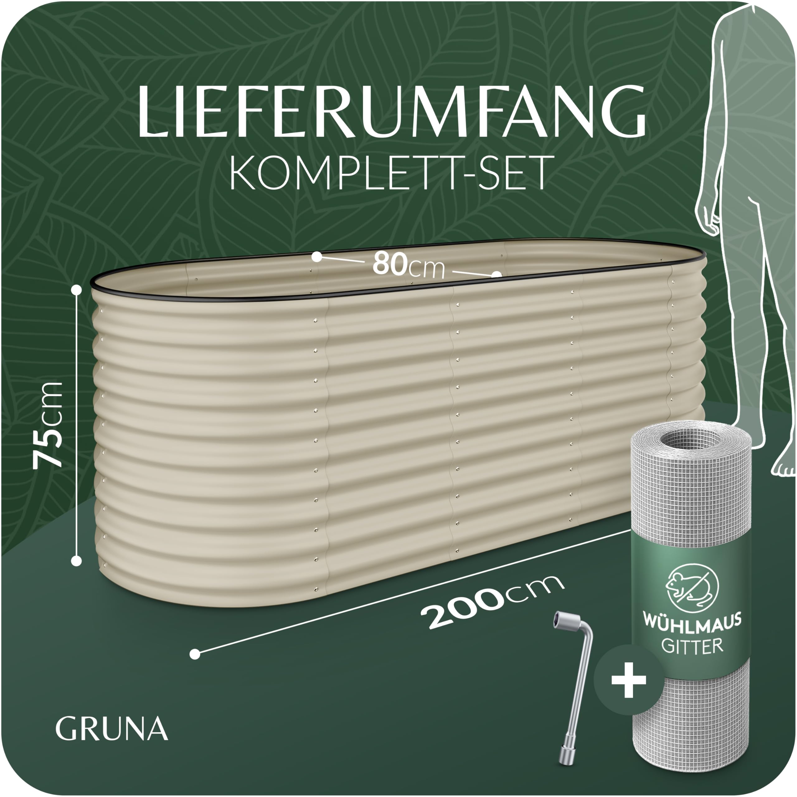 GRUNA Hochbeet Metall 200x80x75 (Creme Weiß) - Formstabil & 100% Rostfrei