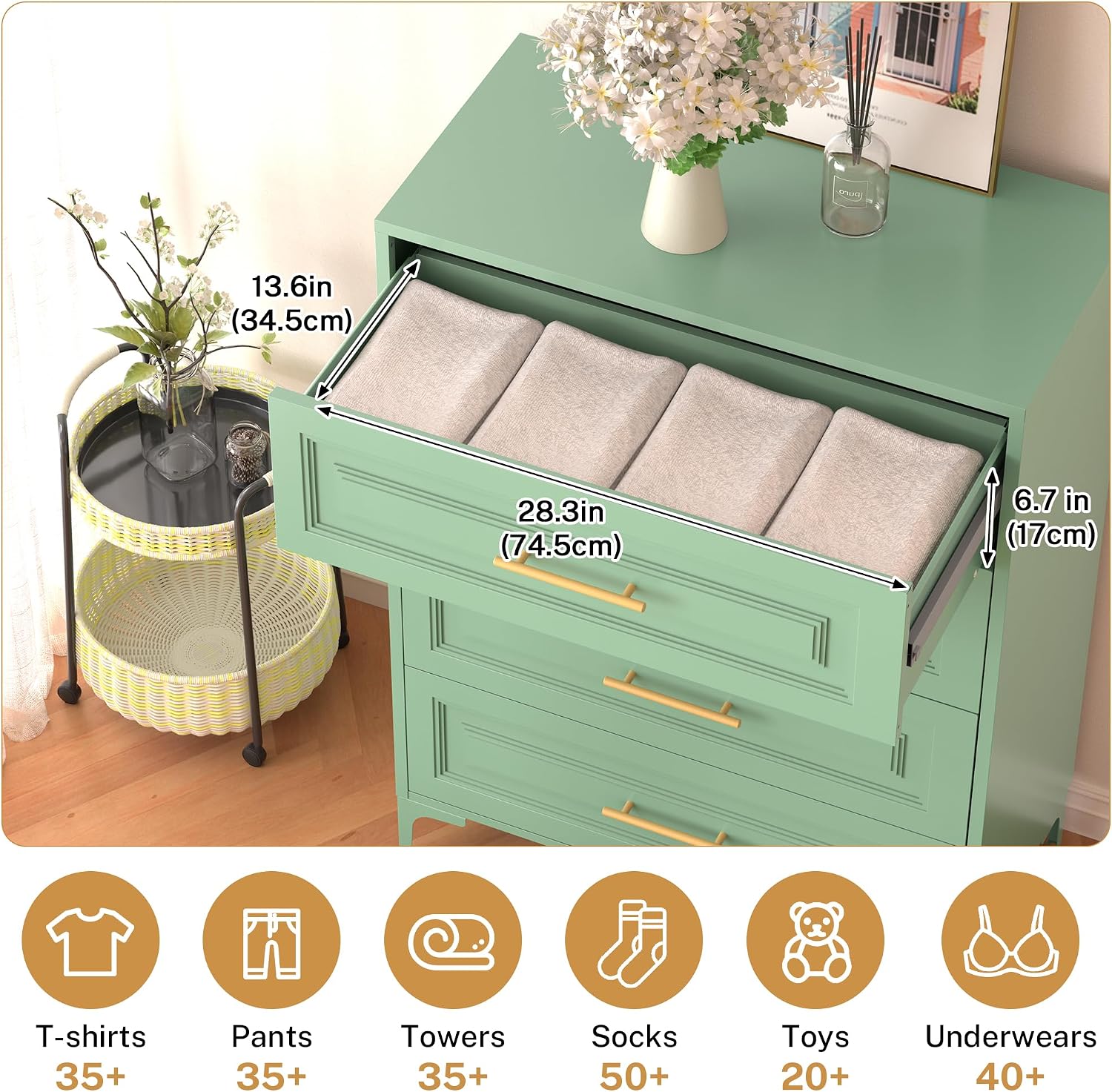 Lucky Monet 4 Drawers Dresser for Bedroom, Modern Chests of Drawers, Metal Storage Chest Organizers, Large Storage Dressers Organizer, Rustic Storage Cabinet for Living Room Entryway Hallway, Green