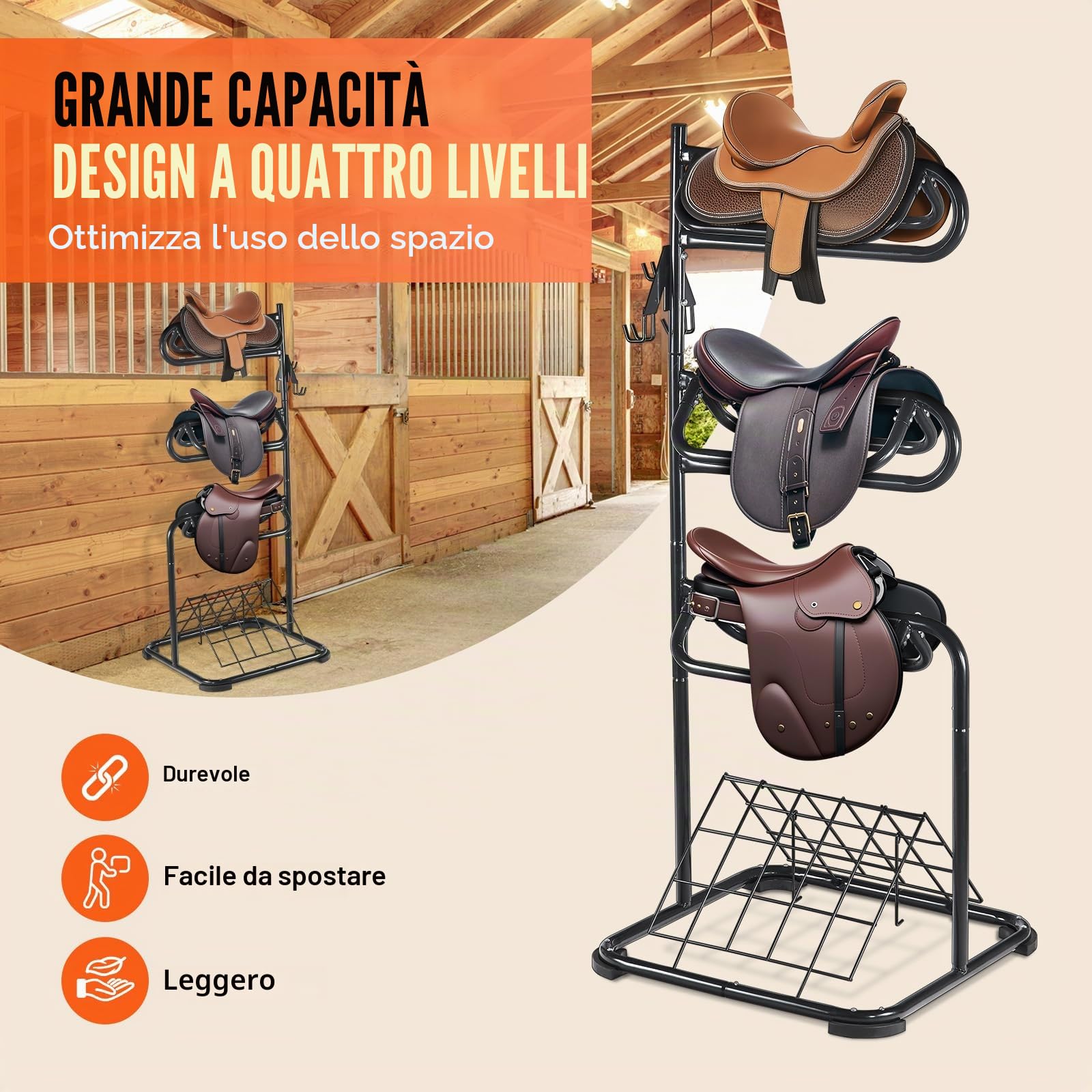 VEVOR Supporto per Sella Autoportante, Supporto per Sella a 3 Livelli, Supporto per Coperta Sella Resistente con Livelli Rimovibili Rotanti, Supporto per Sella Inglese Western, 76,2 x 76,2 x 173,9 cm