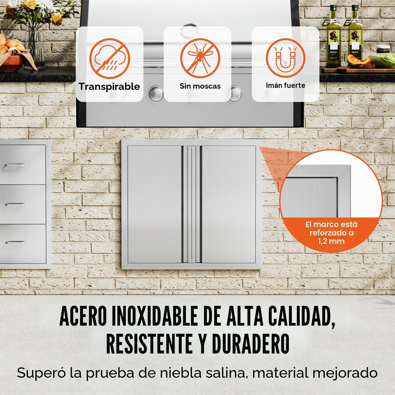 VEVOR Acceso a Barbacoa 660 x 610 x 45 mm, Cocina Exterior Doble Puerta Empotrada de Acero Inoxidable Con Manija para Isla de Barbacoa, Estación de Parrilla, Armario Exterior