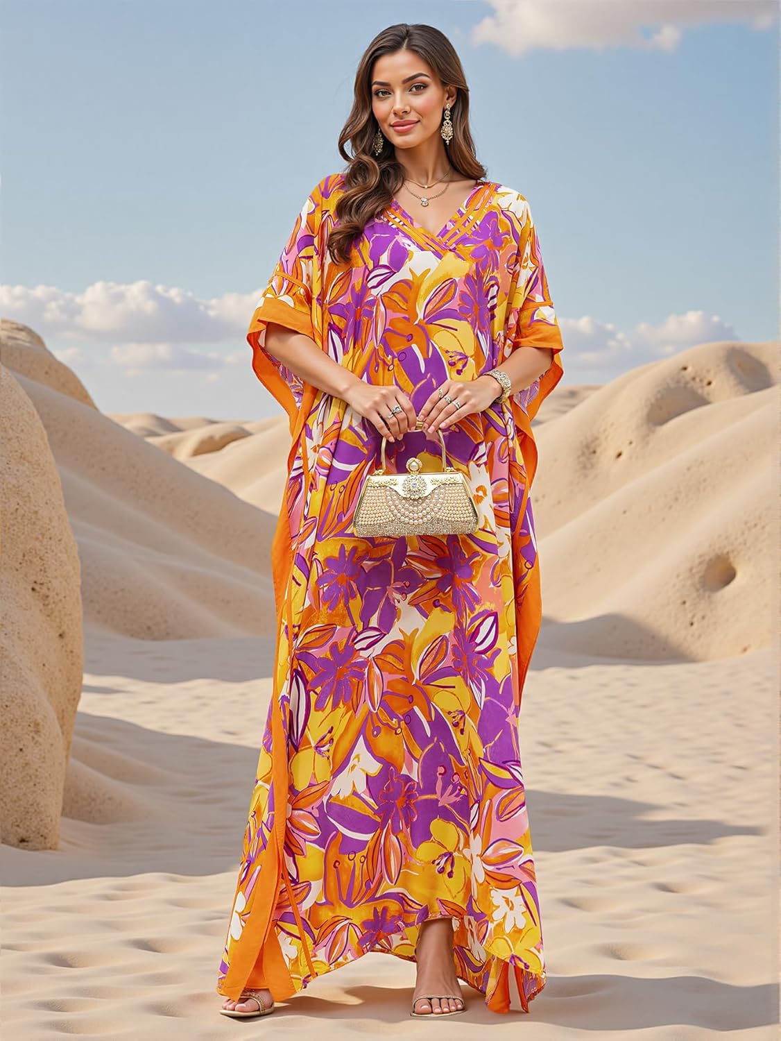 Plus Size Mumu Dresses for Women - Boho Batwing Sleeve Caftan with Side Slits, Long Moo Moo Nightgown & Beach Cover Up - Image 5