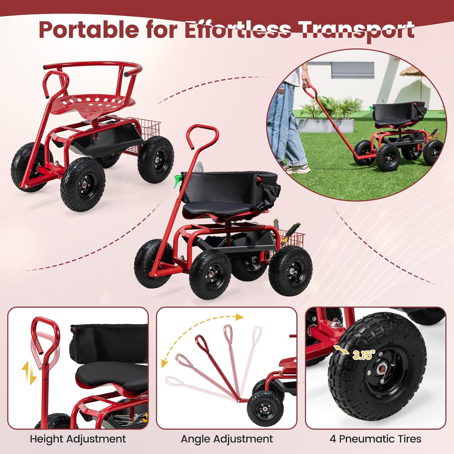 Image showing the garden cart with its adjustable handle and pneumatic tires, highlighting portability.