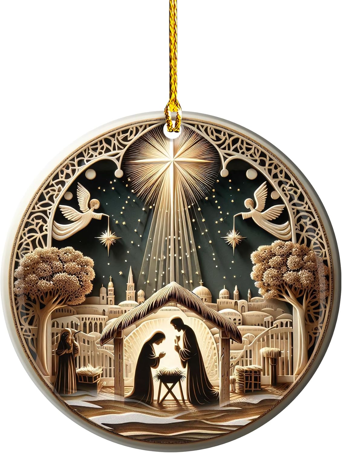 Nativity Scene Christmas Ornament 2025 – Ceramic 3 Inch Round Ornament Double Sided – Religious Holiday Tree Decoration with Holy Family & Star of Bethlehem – Christian Keepsake(Q-5)