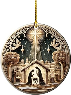 Nativity Scene Christmas Ornament 2025 – Ceramic 3 Inch Round Ornament Double Sided – Religious Holiday Tree Decoration with Holy Family & Star of Bethlehem – Christian Keepsake(Q-5)
