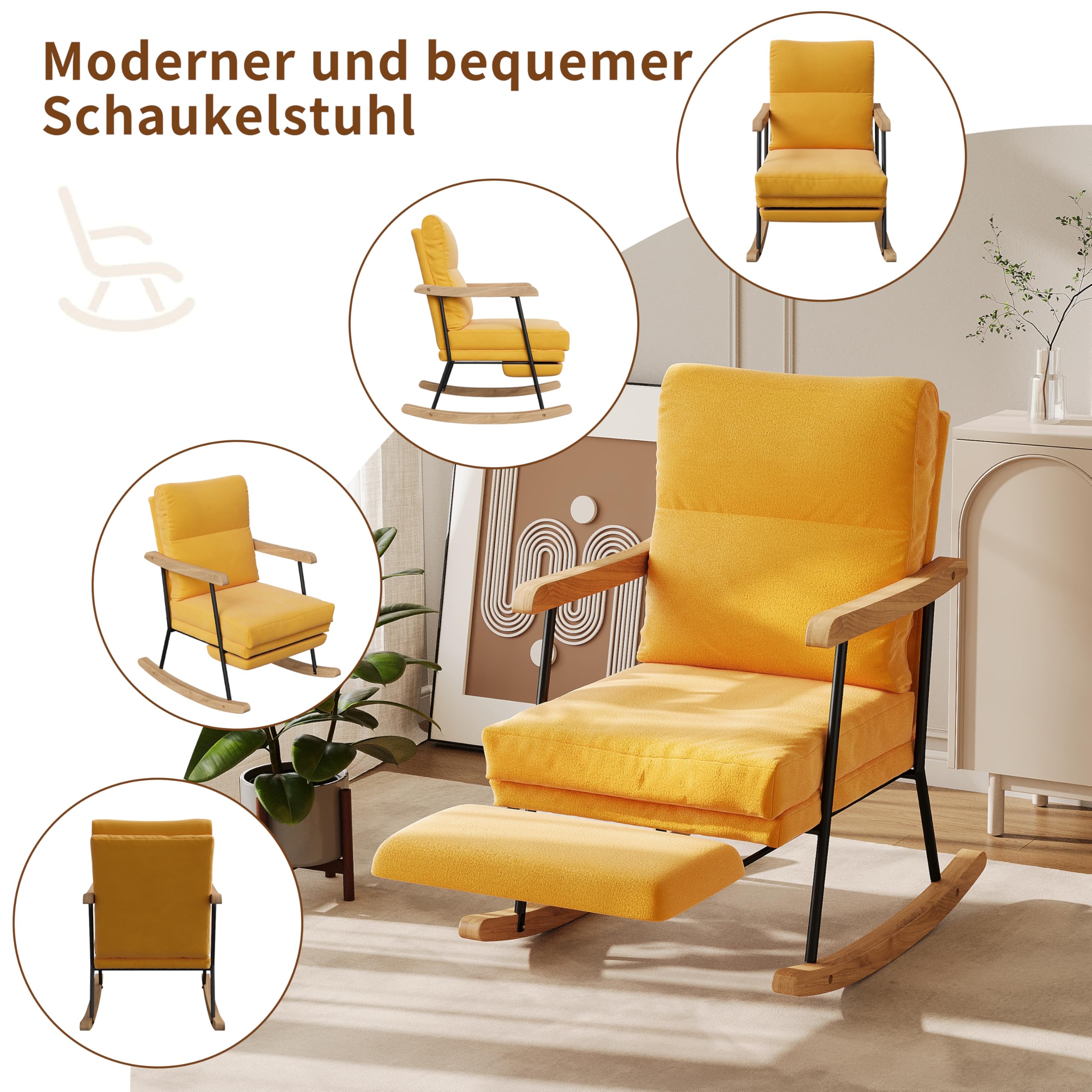 KeepGoon Chaise à Bascule, Fauteuil à Bascule avec Dossier, Repose-Pieds Coulissant, Fauteuil de Relaxation, pour Salon, Chambre à Coucher, Tissu en Coton et Lin (Jaune)