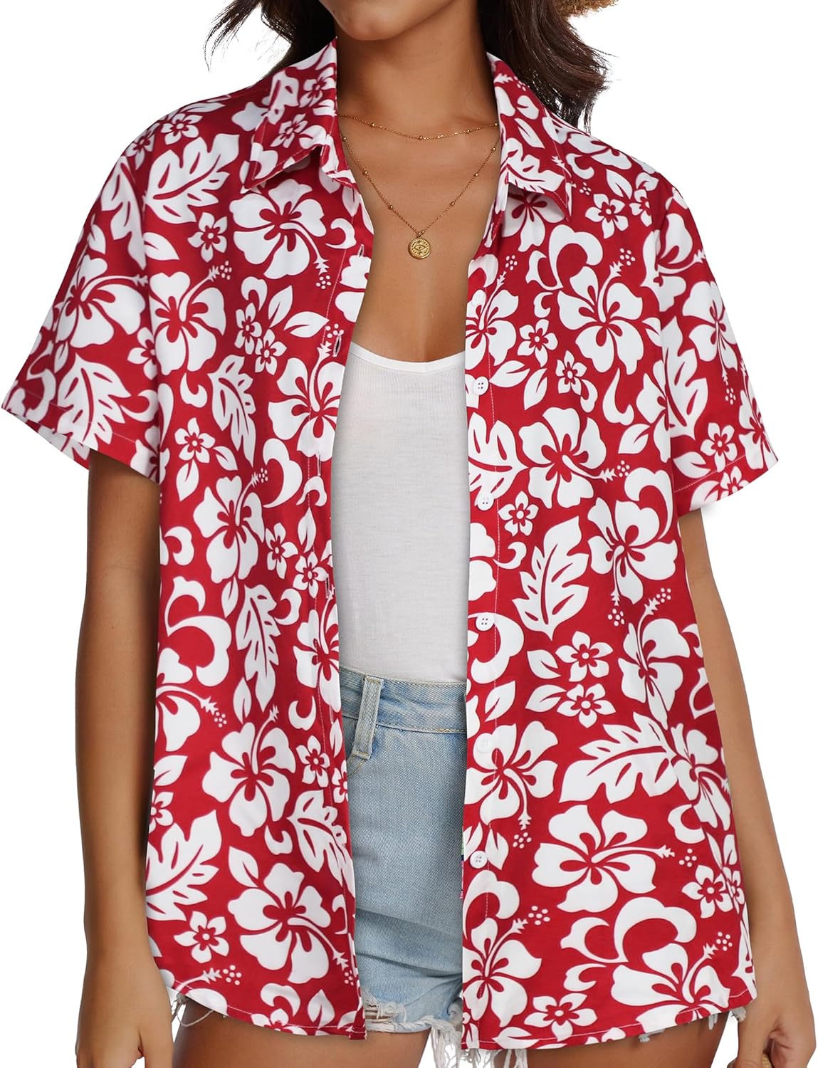 Women Hawaiian Shirt Button Down Summer Tops Beach Cool Short Sleeve V Neck Blouse - Image 9