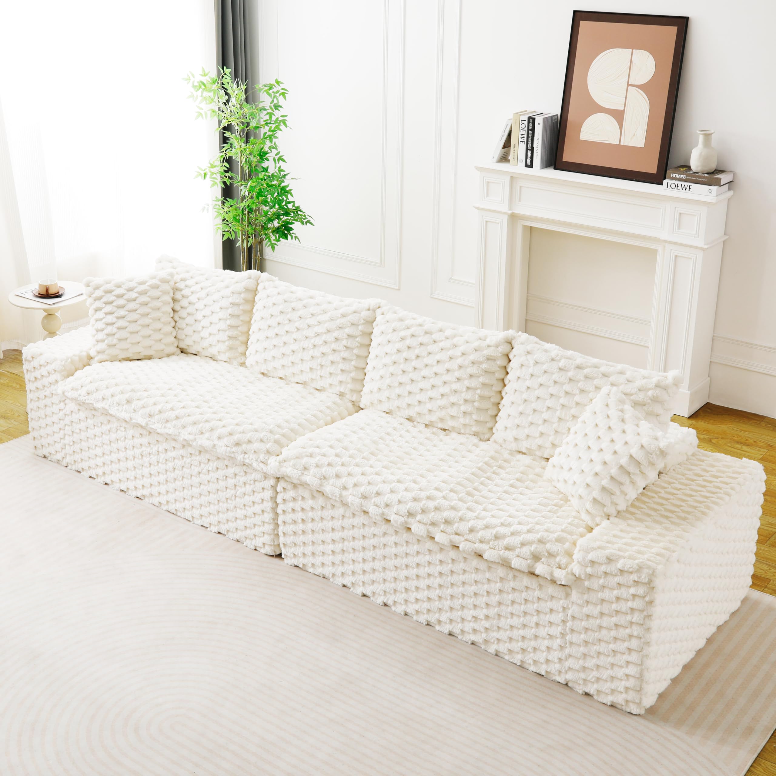 KEIKI 120" Modular Boneless Couch Full Chaise for Bedroom, 4-Seater Sectional Couches for Living Room Furniture, Deep Seat Deep Soft Sofa Bed for Living Room Corner Pet Friendly, White