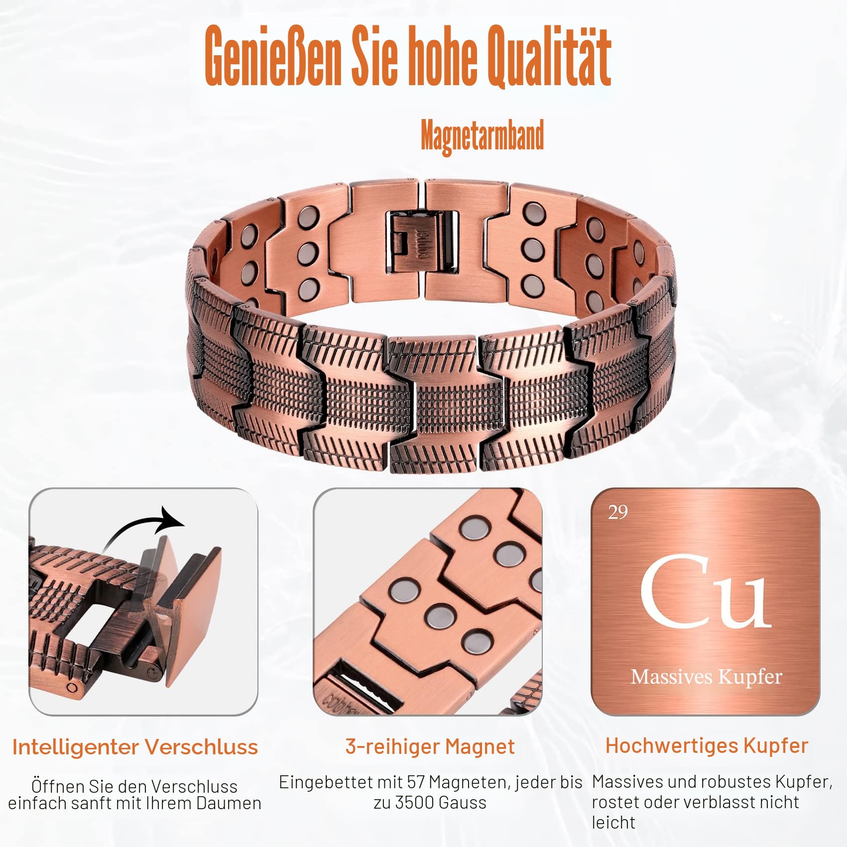 Jeracol 99,99% massives Kupfer, magnetische Armbänder für Herren, 3 x ultrastarke Magnete (3500 Gauss), magnetische Armbänder, Brazaletes zum Jahrestag, verstellbare Größe und Schmuck-Geschenkbox