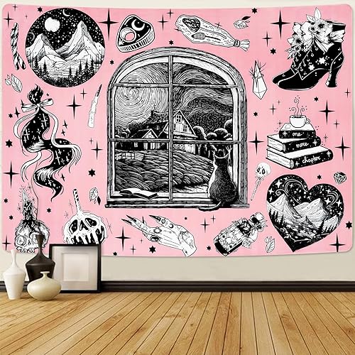 Miniatura 2 de Krelymics Tapiz rosa con diseño de bruja mágica, para ventana de dormitorio, dormitorio universitario (59.1 x 82.7 pulgadas)