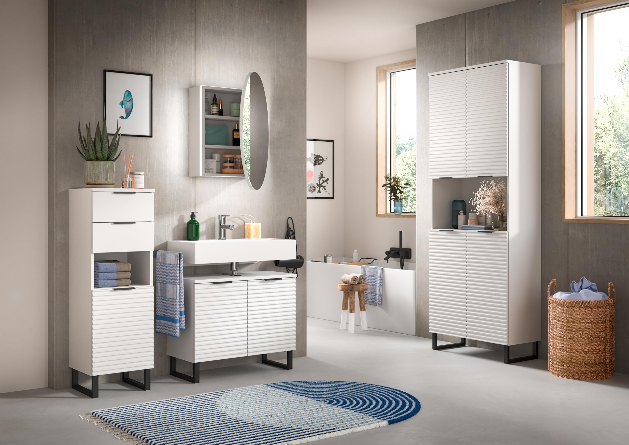 xonox.home Badezimmer Riff 2tlg. Kombination Badmöbel Set kleine Bäder Komplettprogramm Bademöbel-Set in weiß Waschbeckenunterschrank Spiegelschrank rund