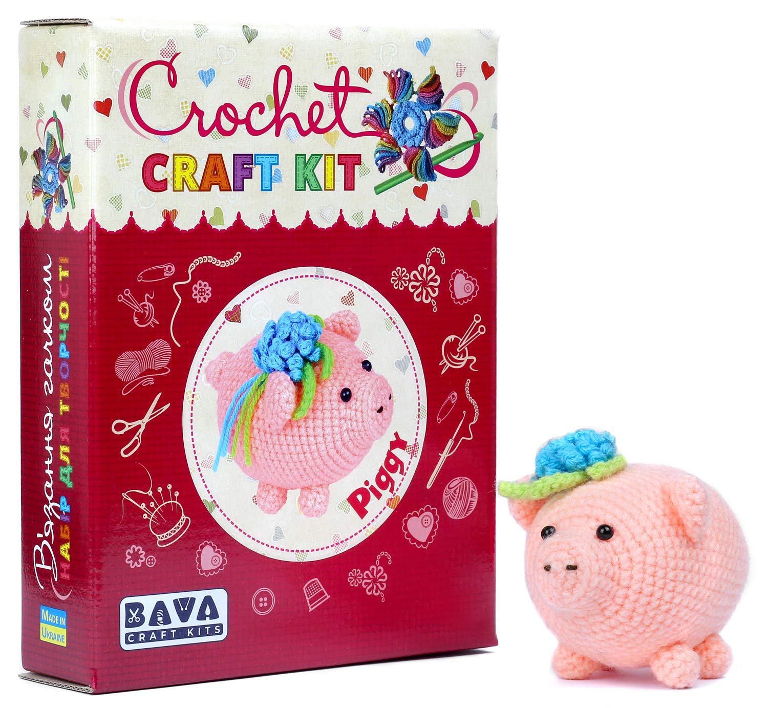 Crochet Stuffed Animal Pig DIY Kit, Craft kit for Teens and Adults, All Materials Included, Step by Step Illustrated Instructions with 33 Pictures, Hypoallergenic Yarn