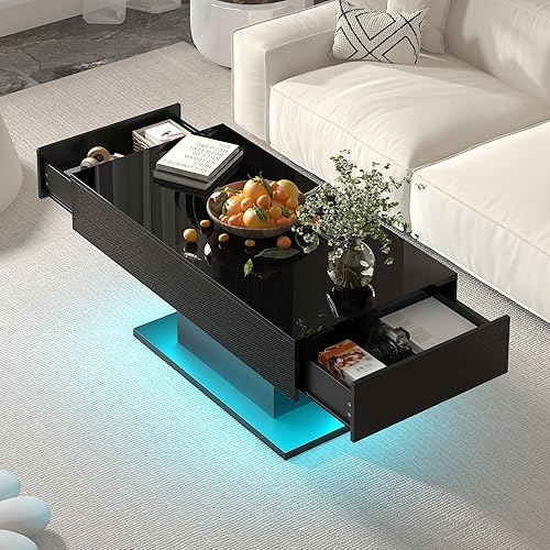 Miniatura 41 de Mesa de centro LED para sala de estar, mesa de centro rectangular, mesas de centro modernas de madera de alto brillo con luces LED de 16 colores