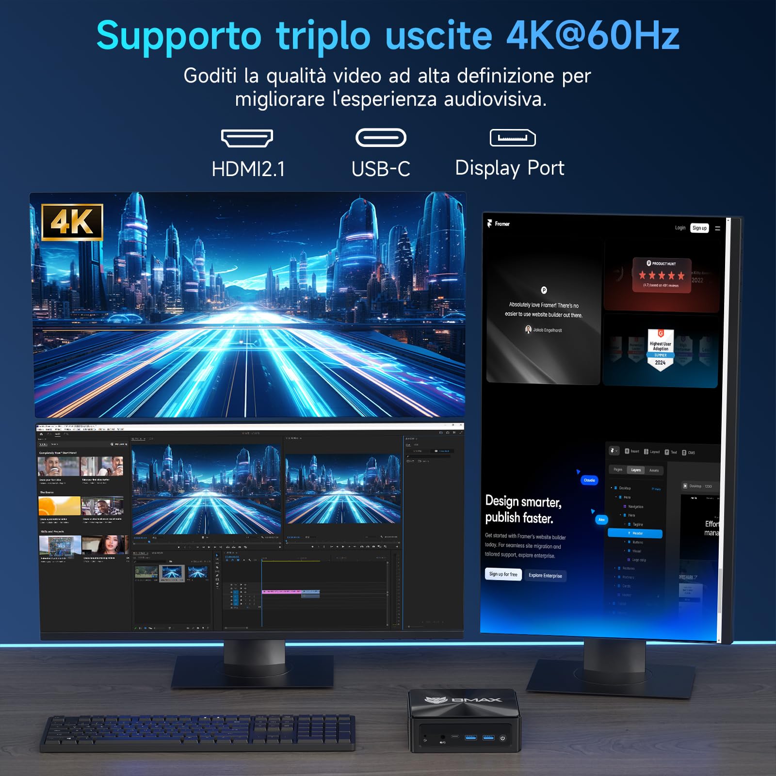 BMAX Mini PC B9 Power, Processore Intel Core i9 12900HK (fino a 5,0 GHz) Mini computer con 24 GB RAM LPDDR5, 1 TB NVMe SSD, W-11, WiFi 6, Schermo Triplo 4K, BT 5.2, HDMI, Tipo-C, DP 1.4a