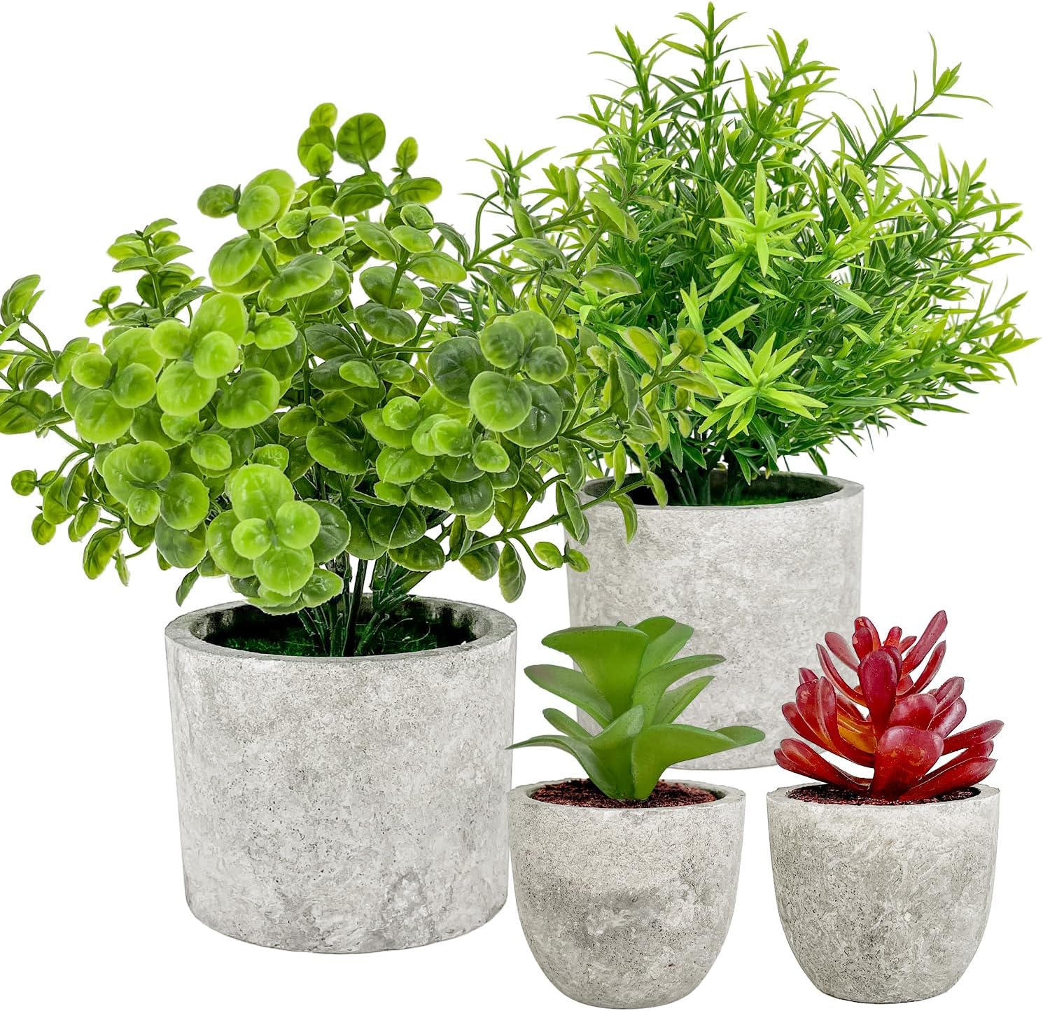 Lifelike Artificial Plants Indoors Set of 4 Mini Fake Plants Potted Eucalyptus, Rosemary & Succulents Elegant Faux Plants for Home, Office, Kitchen & Outdoor Decor