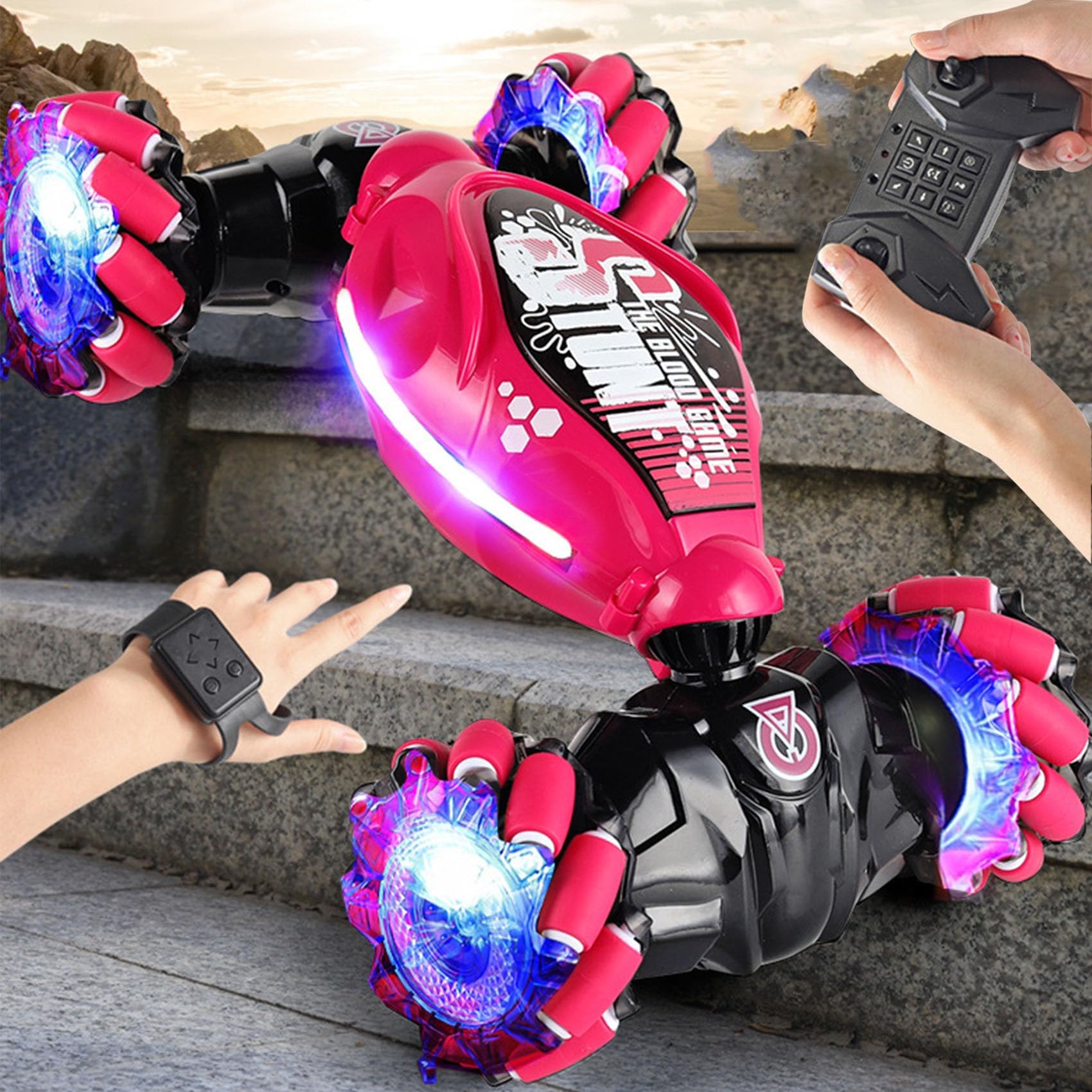 Vervevroom Rc Car - Atmotoys Rc Car with Light Music, Keilani Rc Car, Atmotoys Rc Car Gesture Sensing, 2.4g Remote Control, USB Charging, Double Sided Rotating Off Road Vehicle 360° Flips (Red)