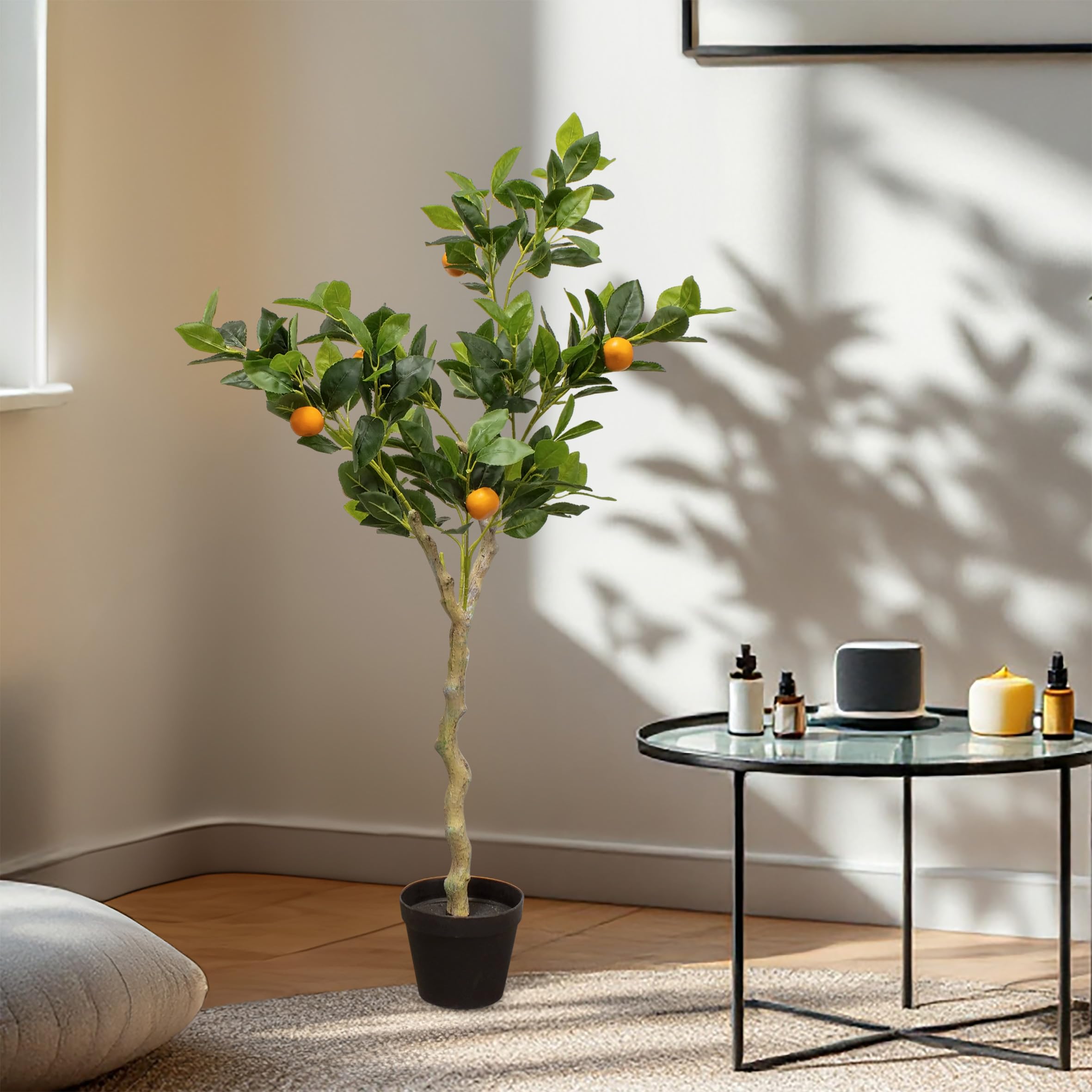 Árbol de naranja artificial en maceta negra - 118 x 40 cm - Árbol artificial en maceta con 10 naranjas - Planta artificial naranja en maceta, árbol decorativo, árbol ornamental, árbol artificial