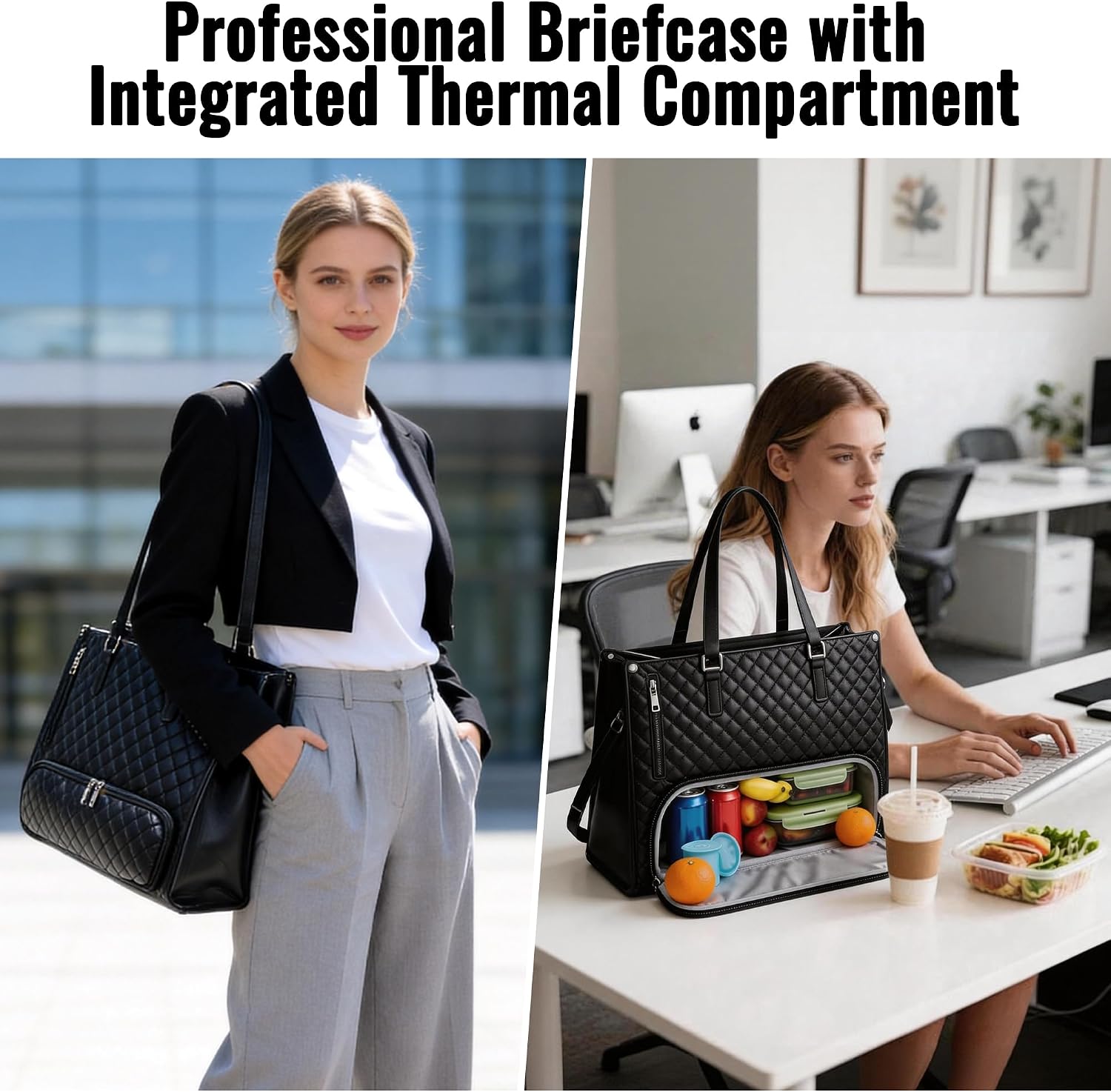 GOWIN Lunch Tote Bag for Women, 15.6 Inch Laptop Bag with Insulated Lunch Compartment, Quilted Large Capacity Computer Handbag with Purse (Black)