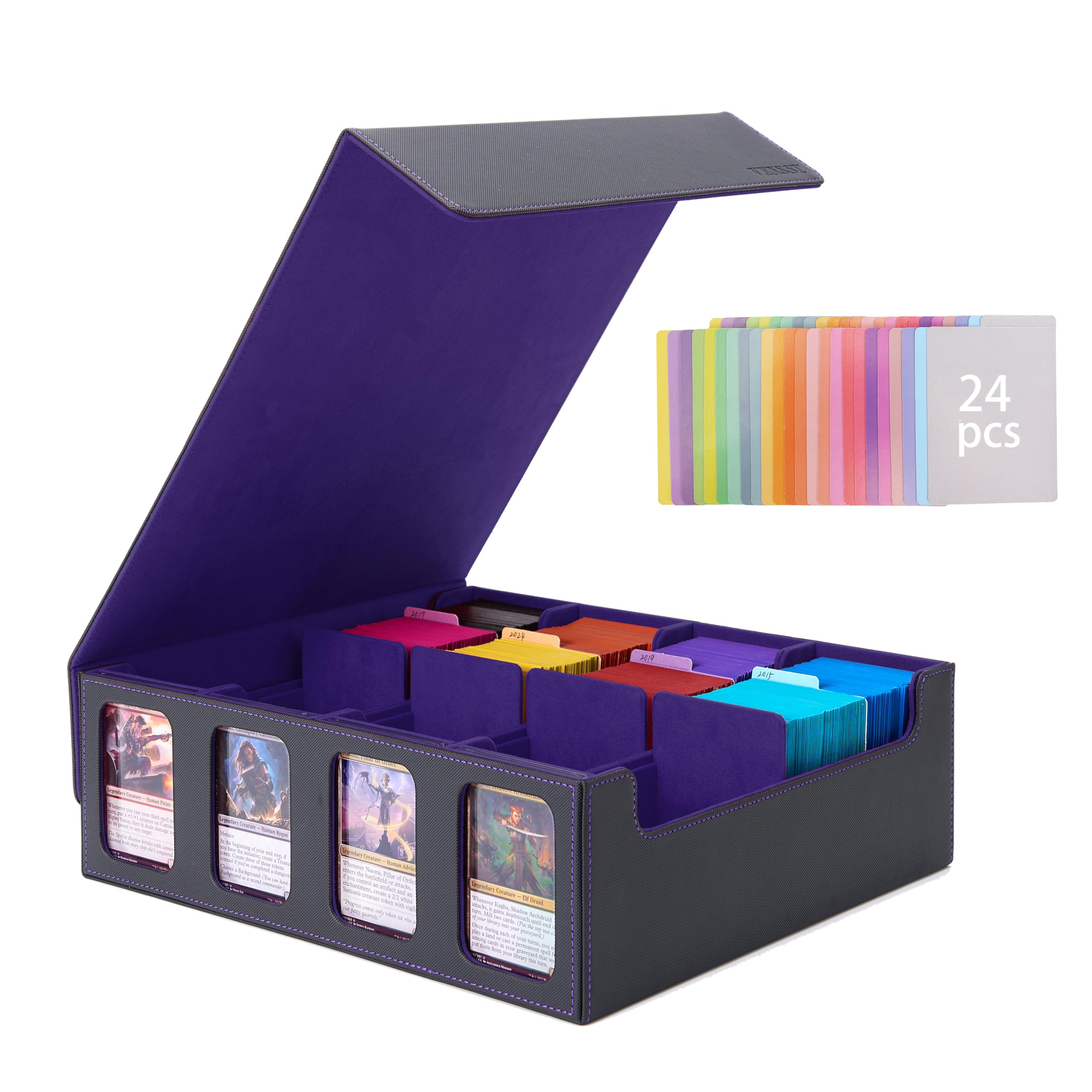 デッキケース トレカケース カードケース ストレージボックス 3000+ 窓付き ディスプレイスロット 仕切り板 カードストッパー付き「 遊戯王 MTG 各種 カードゲーム に使用可能 」 (黒内装紫)