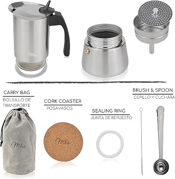 Cafetera Italiana inducción| 2, 4, 6, 9 Tazas | Cafetera Moka de Acero Inox, Expresso Maker - Set comprensivo di sottobicchiere, cucchiaio, spazzola (4 tazas, 200ml)4