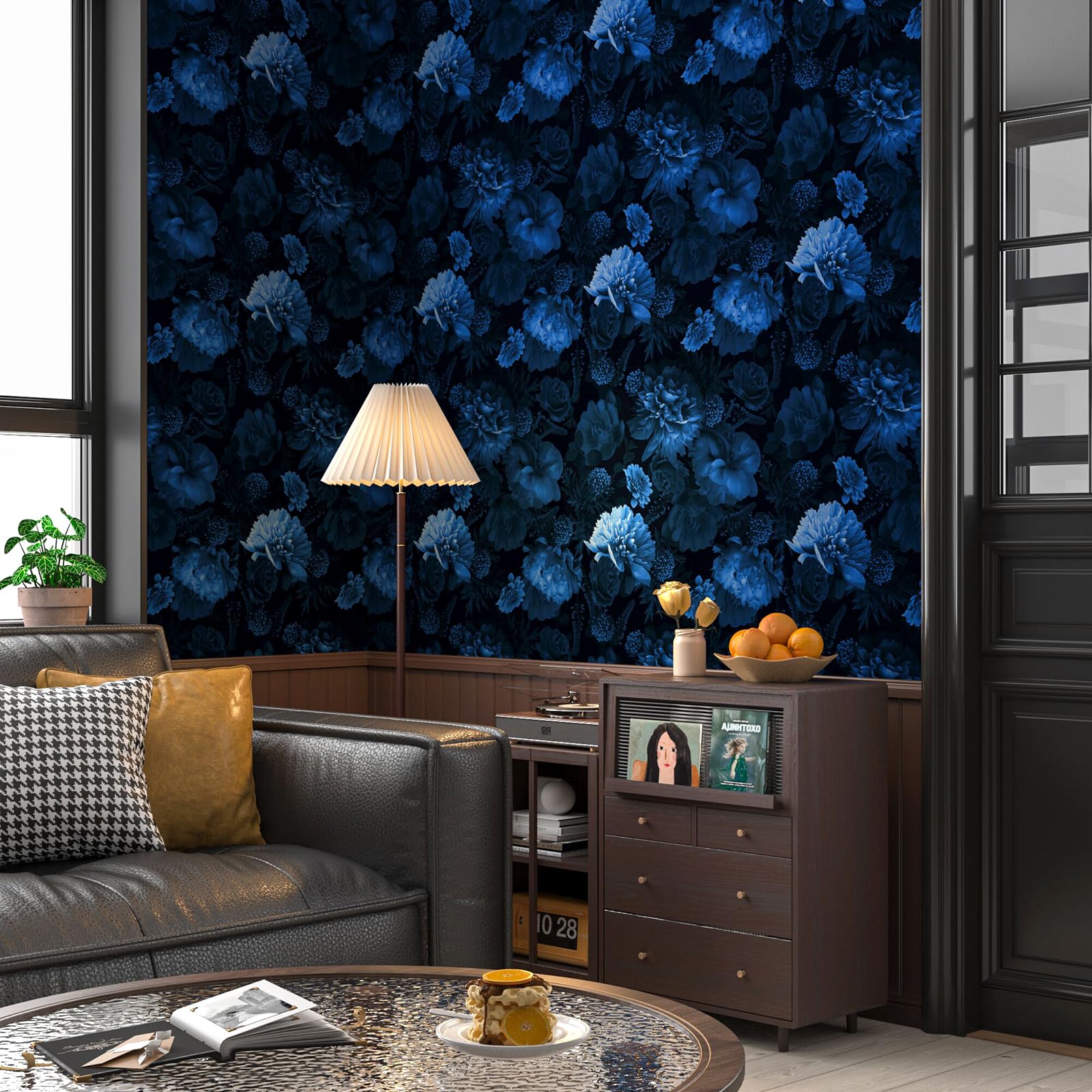 FunStick 44.5CM×9M Papel Pintado Autoadhesivo Azul Oscuro Papel Autoadhesivo Pared Flores Fotomural Vinilo Adhesivo Pared 3D Azul Marino Rosas Papel Decorativo Adhesivo para Muebles Dormitorio Armario