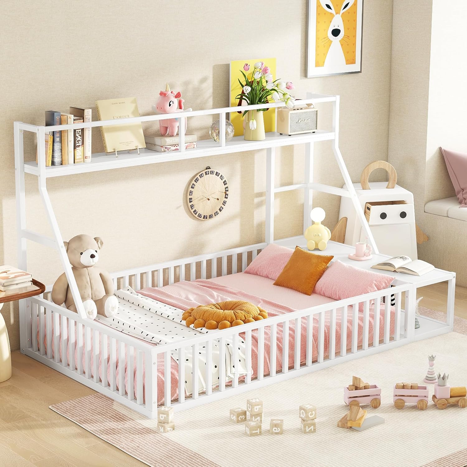 Full Size Floor Bed Frame with Fence & Storage Shelves – Metal Playhouse Bed with Desk for Kids, Toddlers – White (Off White) – 1 Shelf