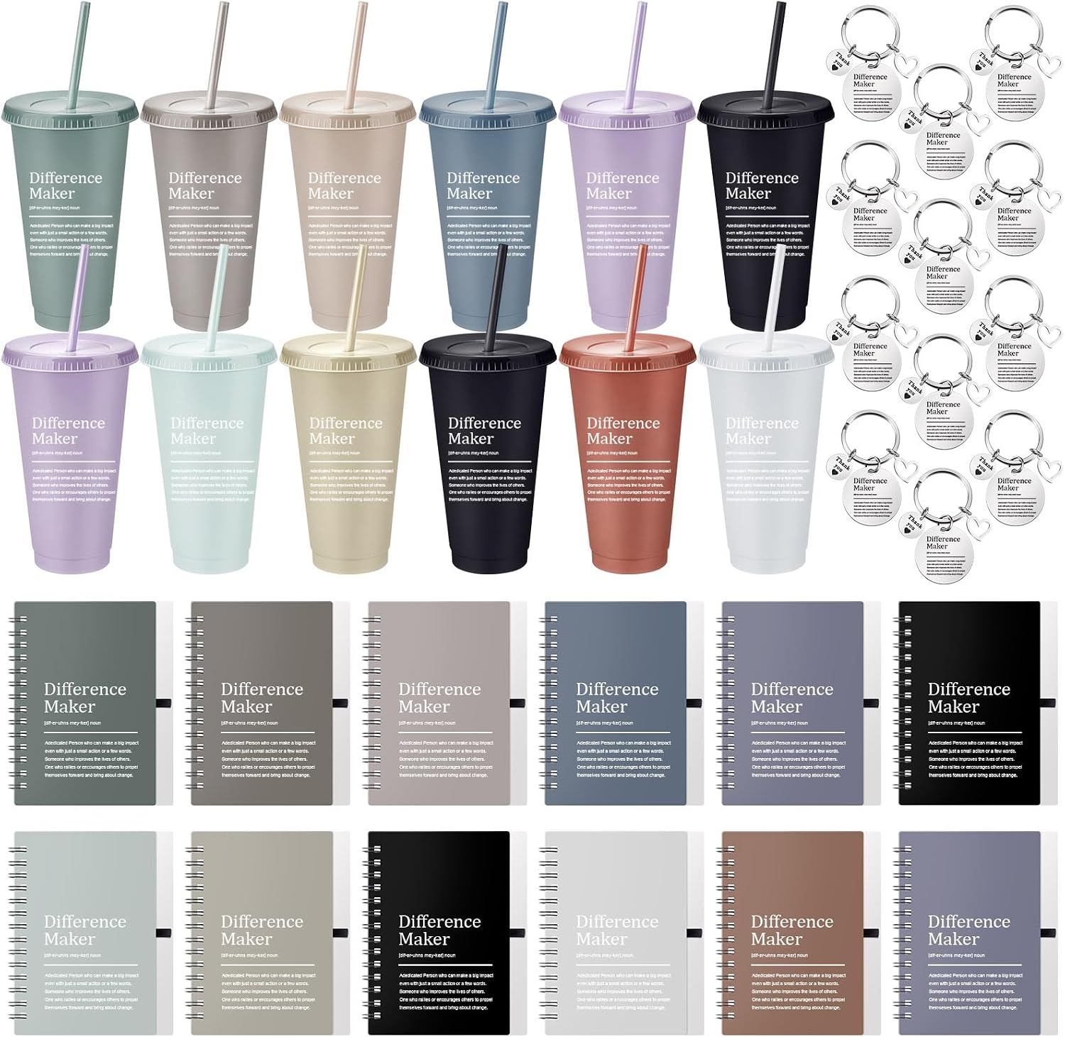 Teenyyou 36 Pcs Difference Maker Employee Appreciation Gifts 24 oz Tumblers with Spiral Notebooks and Keychains Thank You Gifts Bulk for Teacher Nurse Coworker Leader (Cool Neutral)