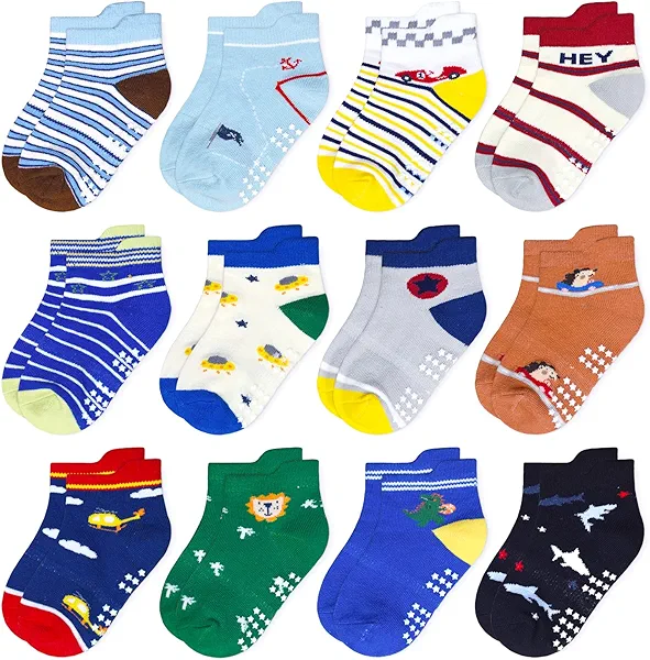 SkiBeaut Toddlers Kids Non Slip Socks Grips Sticky Slippery Crew Socks for 1-7 Years Old 12 Pairs Children Boys Girls Socks